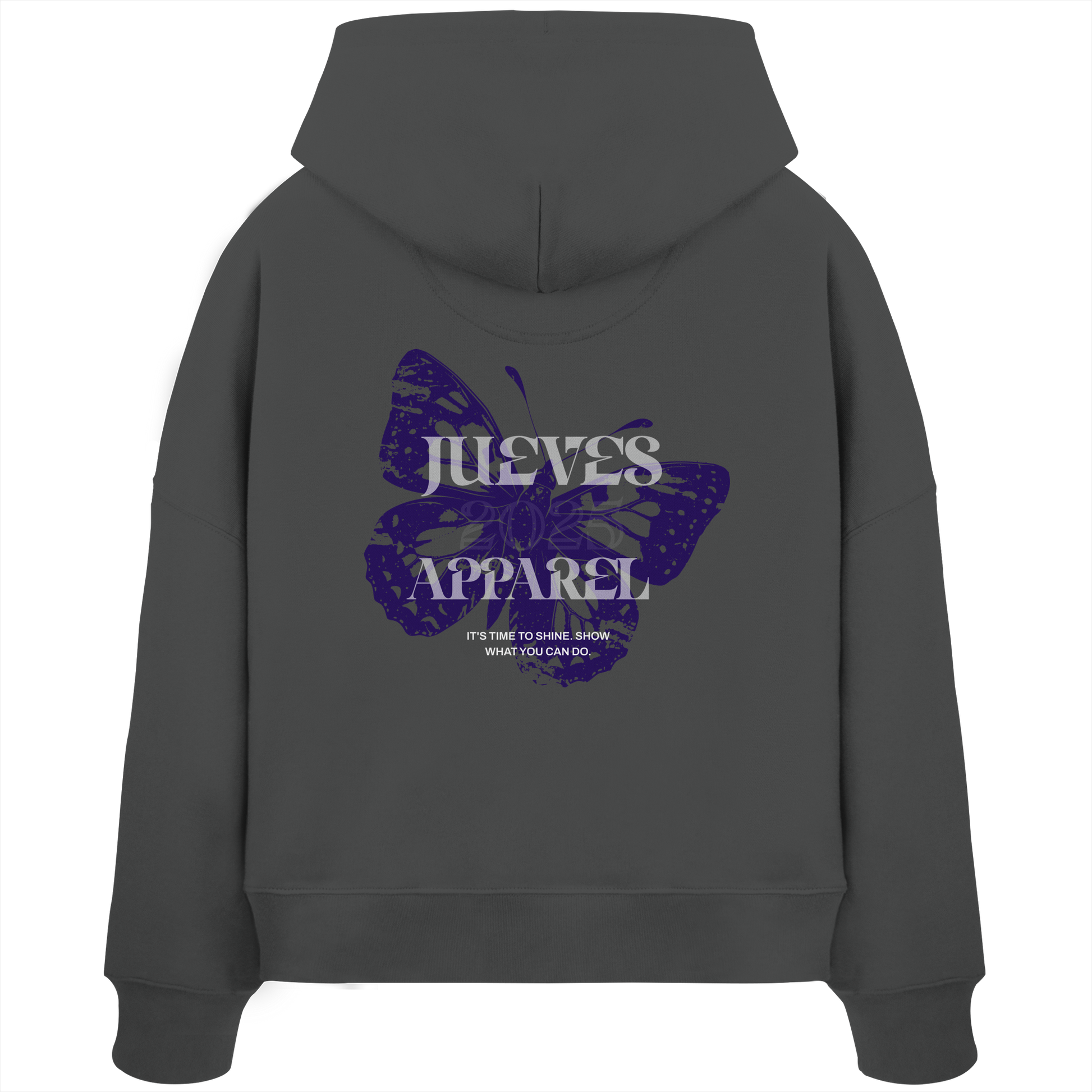 Rückansicht eines anthraziten Oversized Boxcut Hoodies von Jueves Apparel aus 100 % Baumwolle, 300 g/m² – markanter Rückendruck und urbaner Streetwear-Look mit modernem Schnitt.