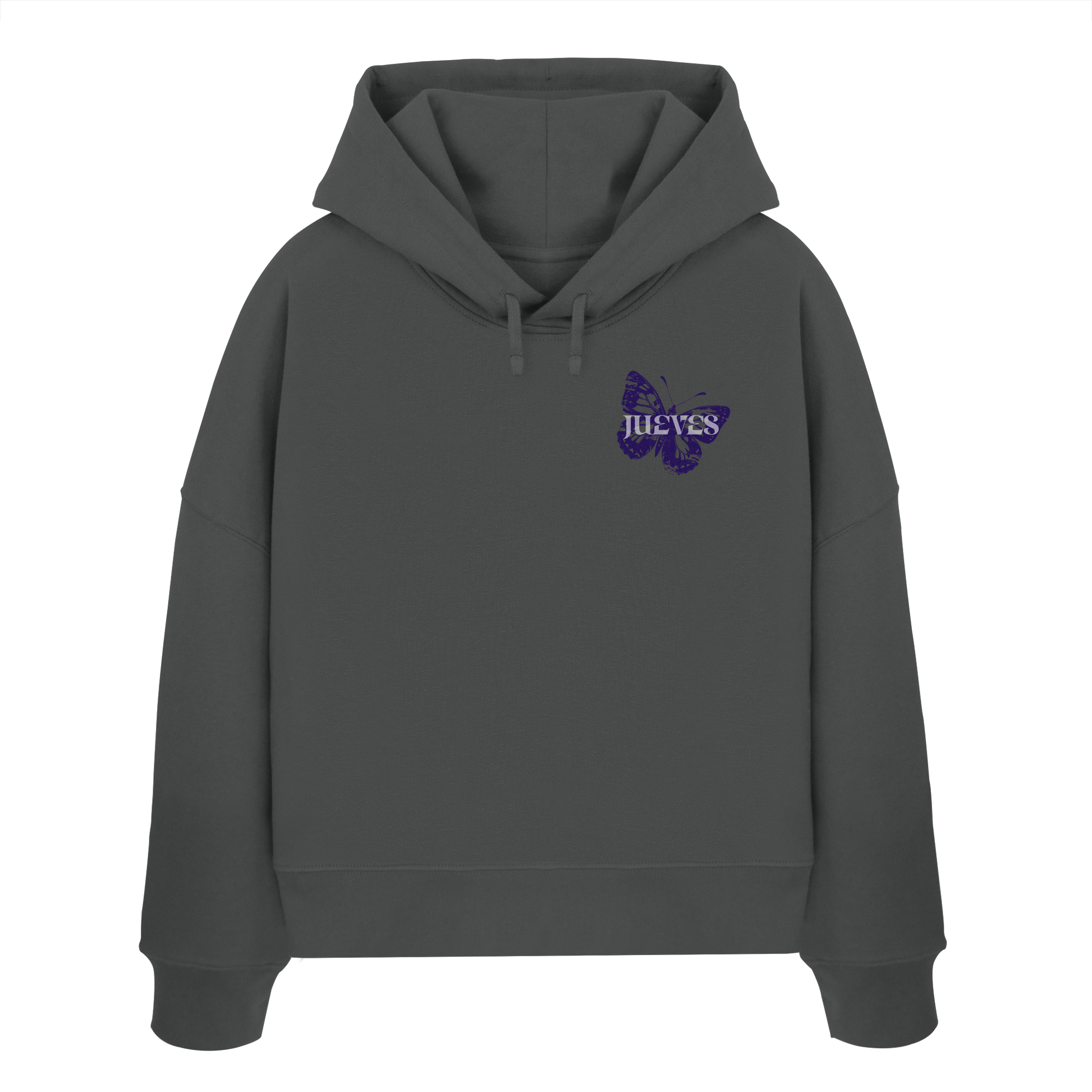 Frontansicht des anthraziten Damen oversized Boxcut Hoodies von Jueves Apparel mit oversized Schnitt, Druck auf der Brust– Streetwear aus 100 % Bio-Baumwolle, 300 g/m² Stoffgewicht.
