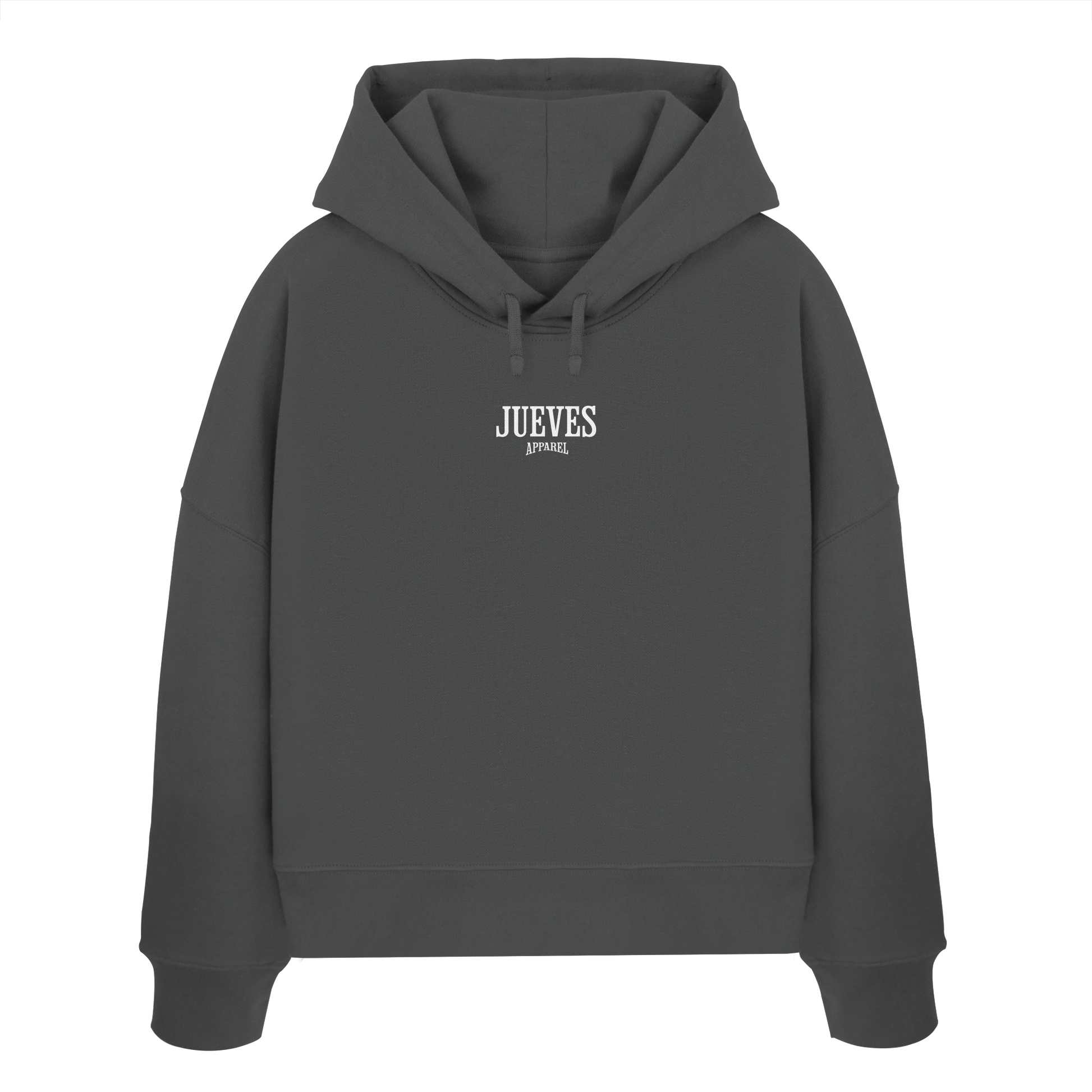 Frontansicht des anthraziten Damen oversized Boxcut Hoodies von Jueves Apparel mit oversized Schnitt, Druck auf der Brust– Streetwear aus 100 % Bio-Baumwolle, 300 g/m² Stoffgewicht.
