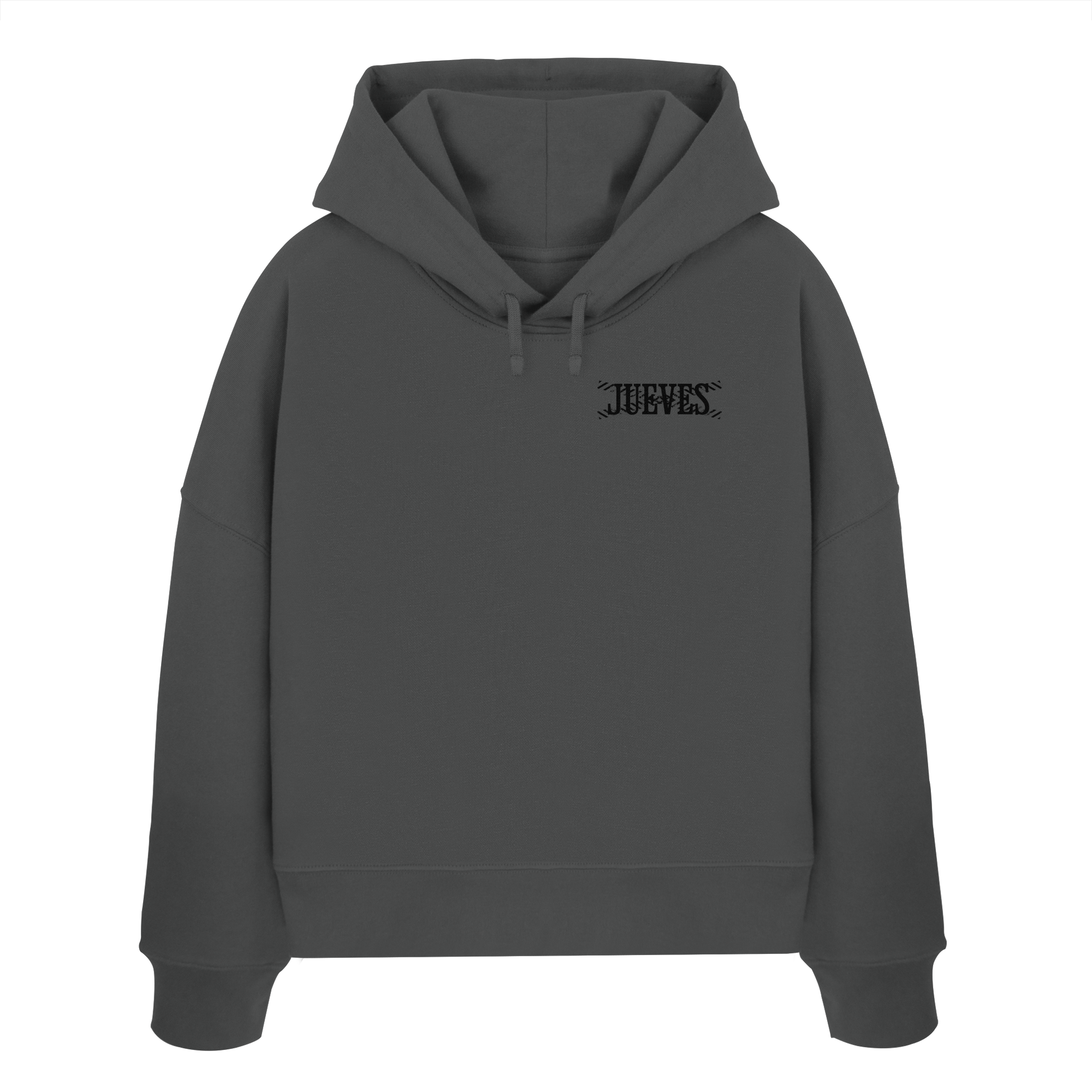 Frontansicht des anthraziten Damen oversized Boxcut Hoodies von Jueves Apparel mit oversized Schnitt, Druck auf der Brust– Streetwear aus 100 % Bio-Baumwolle, 300 g/m² Stoffgewicht.