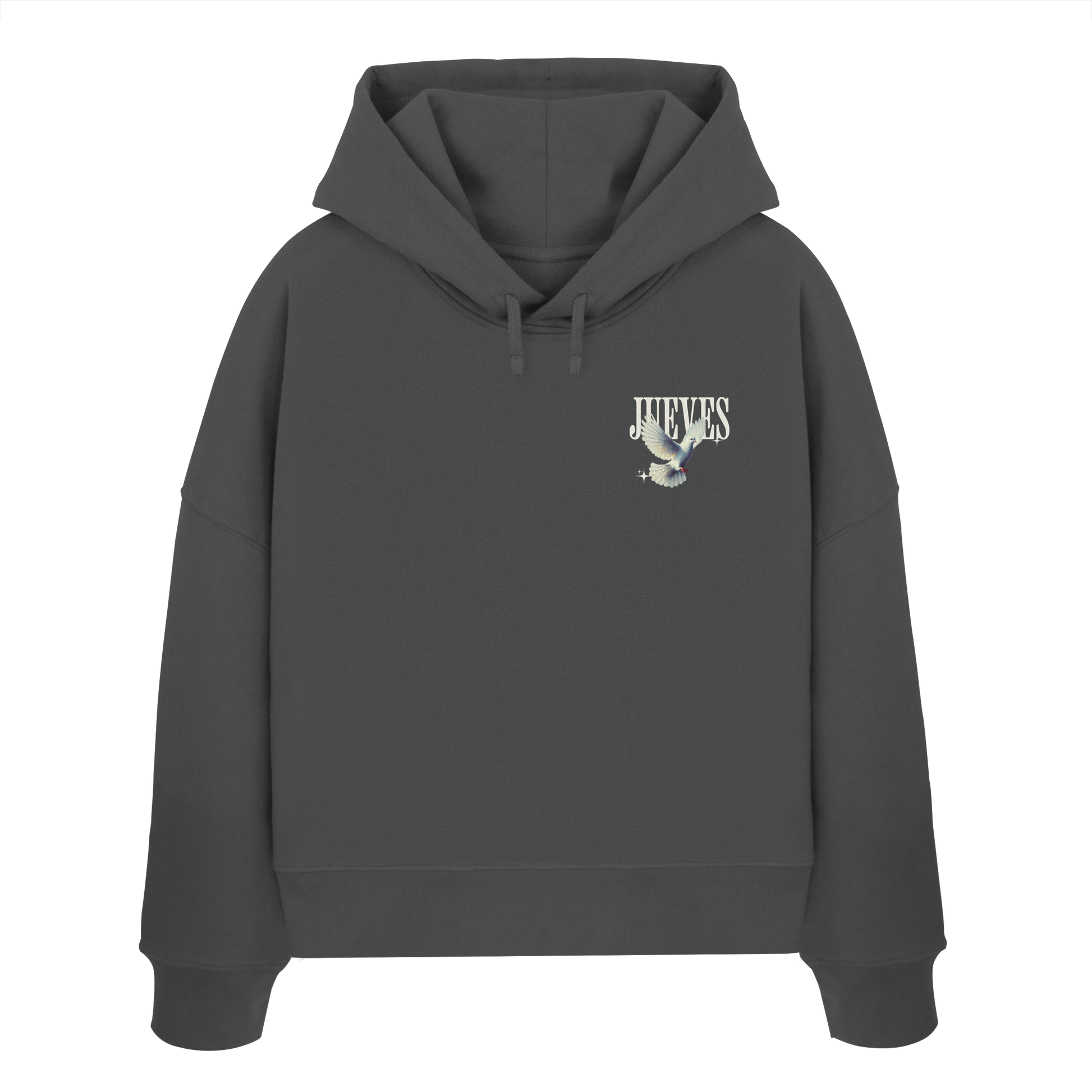 Frontansicht des anthraziten Damen oversized Boxcut Hoodies von Jueves Apparel mit oversized Schnitt, Druck auf der Brust– Streetwear aus 100 % Bio-Baumwolle, 300 g/m² Stoffgewicht.