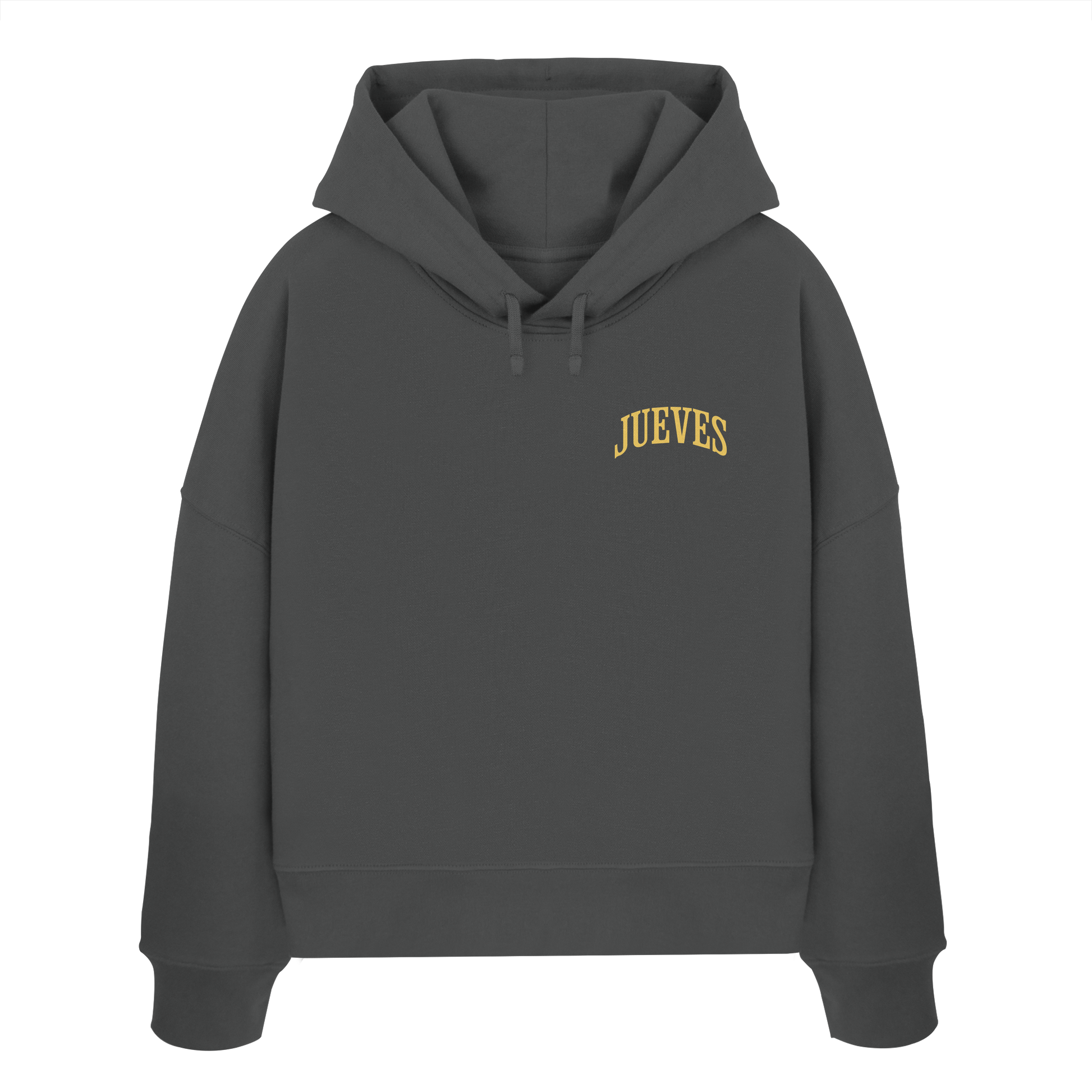Frontansicht des anthraziten Damen oversized Boxcut Hoodies von Jueves Apparel mit oversized Schnitt, Druck auf der Brust– Streetwear aus 100 % Bio-Baumwolle, 300 g/m² Stoffgewicht.