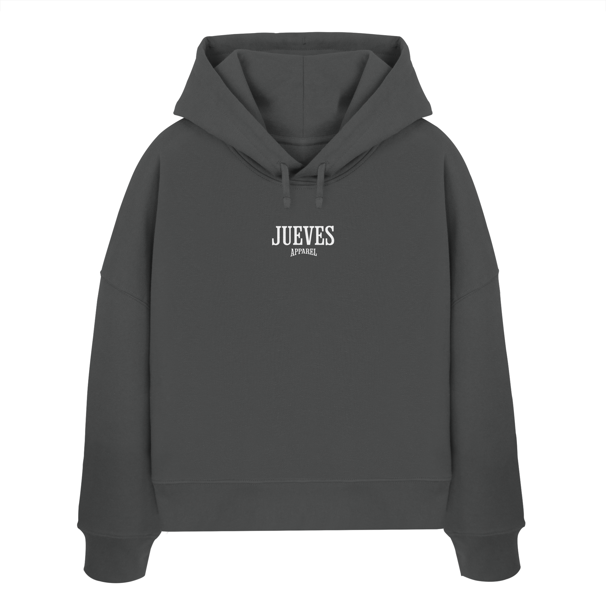 Frontansicht des anthraziten Damen oversized Boxcut Hoodies von Jueves Apparel mit oversized Schnitt, Druck auf der Brust– Streetwear aus 100 % Bio-Baumwolle, 300 g/m² Stoffgewicht.