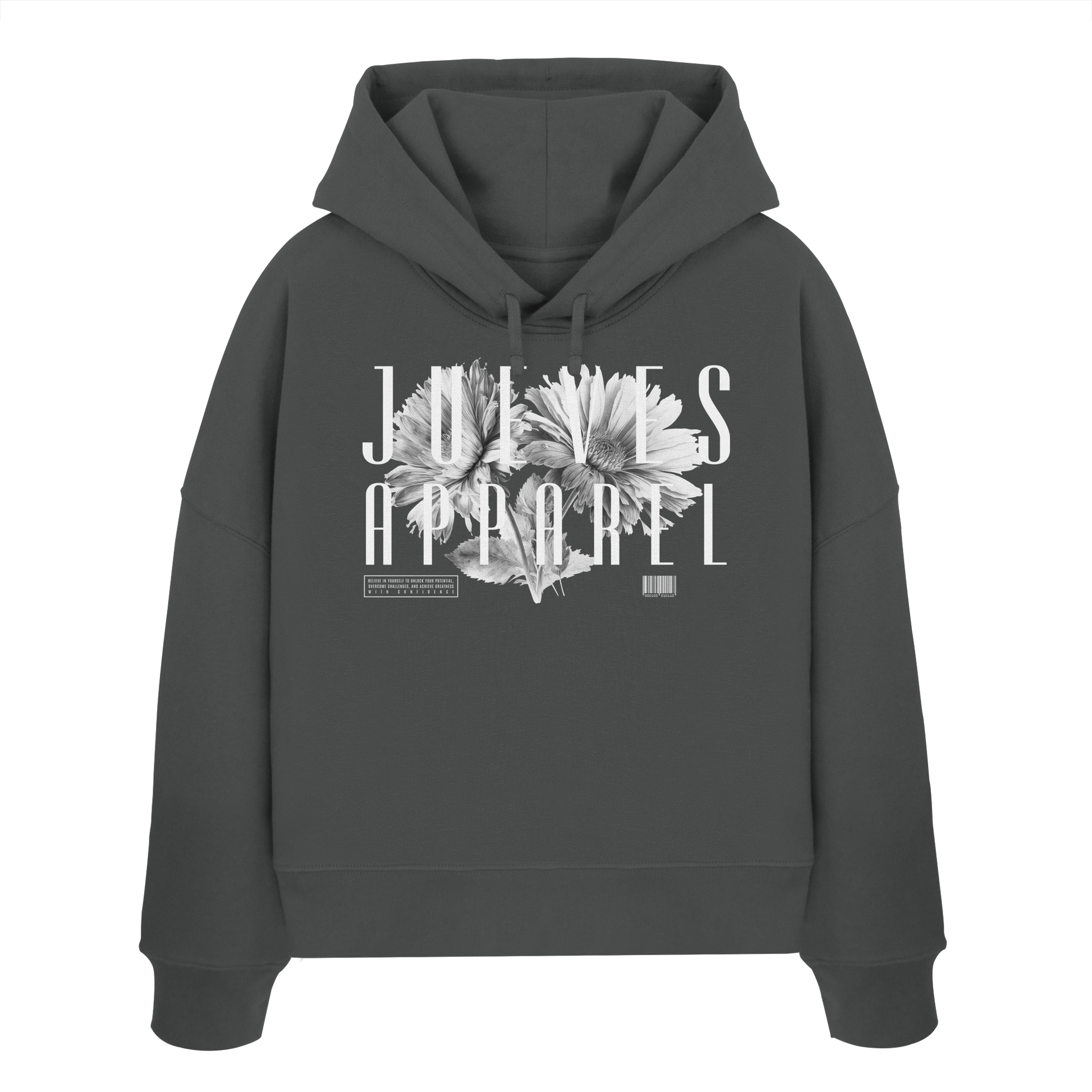 Frontansicht des anthraziten Damen oversized Boxcut Hoodies von Jueves Apparel mit oversized Schnitt, Druck auf der Brust– Streetwear aus 100 % Bio-Baumwolle, 300 g/m² Stoffgewicht.