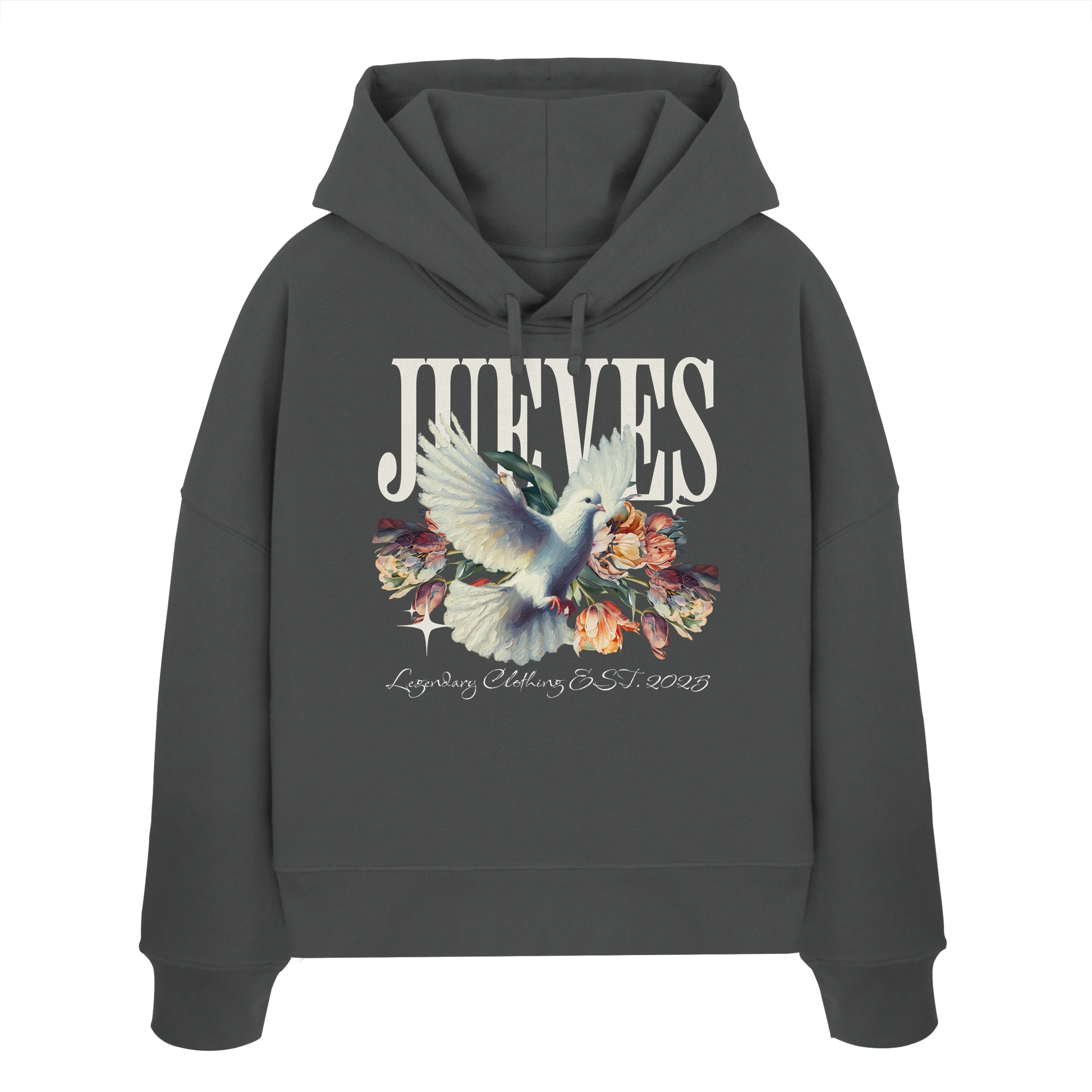 Frontansicht des anthraziten Damen oversized Boxcut Hoodies von Jueves Apparel mit oversized Schnitt, Druck auf der Brust– Streetwear aus 100 % Bio-Baumwolle, 300 g/m² Stoffgewicht.