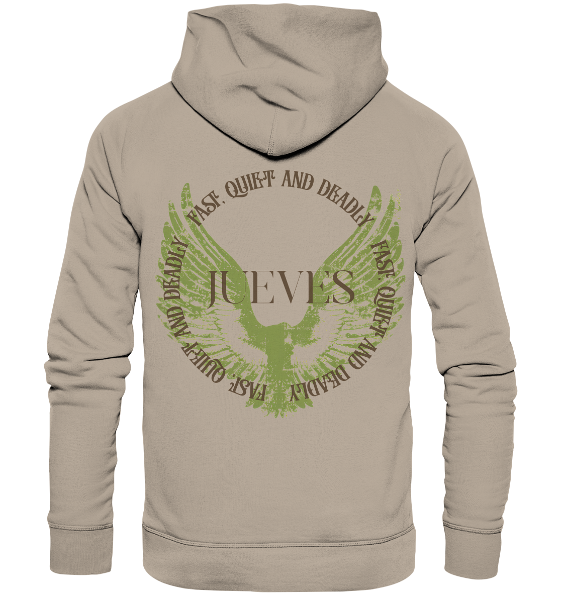 beiger Jueves Apparel Classic Hoodie mit markantem Rückendruck – urbaner Streetwear-Style aus Bio-Baumwolle