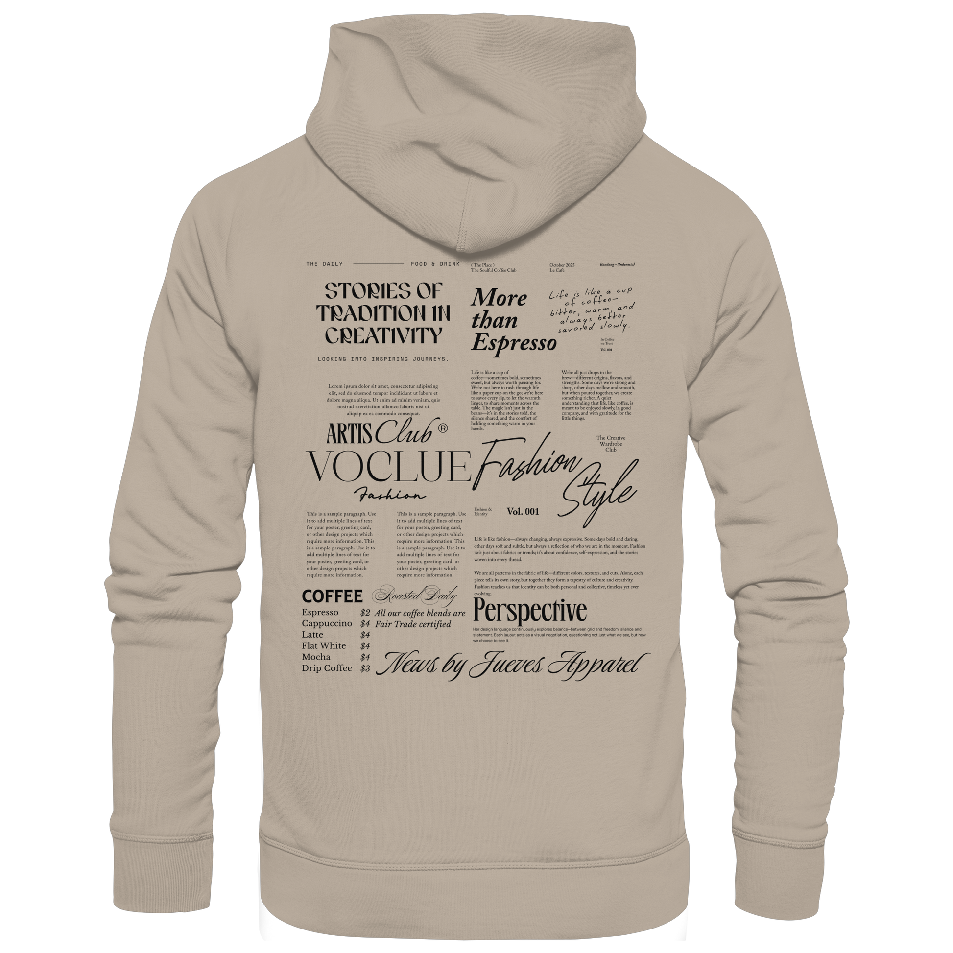 beiger Jueves Apparel Classic Hoodie mit markantem Rückendruck – urbaner Streetwear-Style aus Bio-Baumwolle