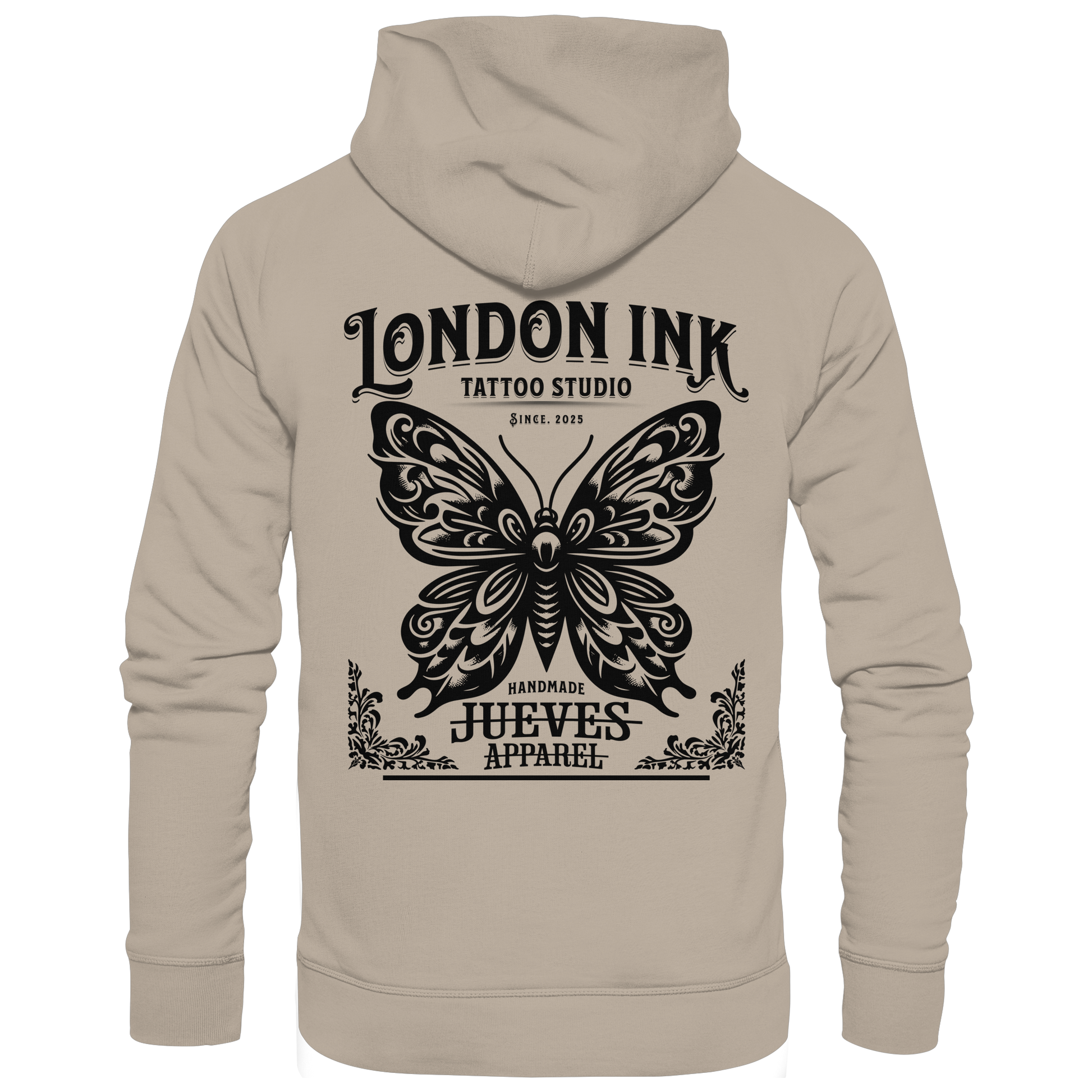 Rückansicht eines beigen klassischen Hoodies von Jueves Apparel aus 100 % Baumwolle, 350 g/m² – markanter Rückendruck und urbaner Streetwear-Look mit modernem Schnitt.