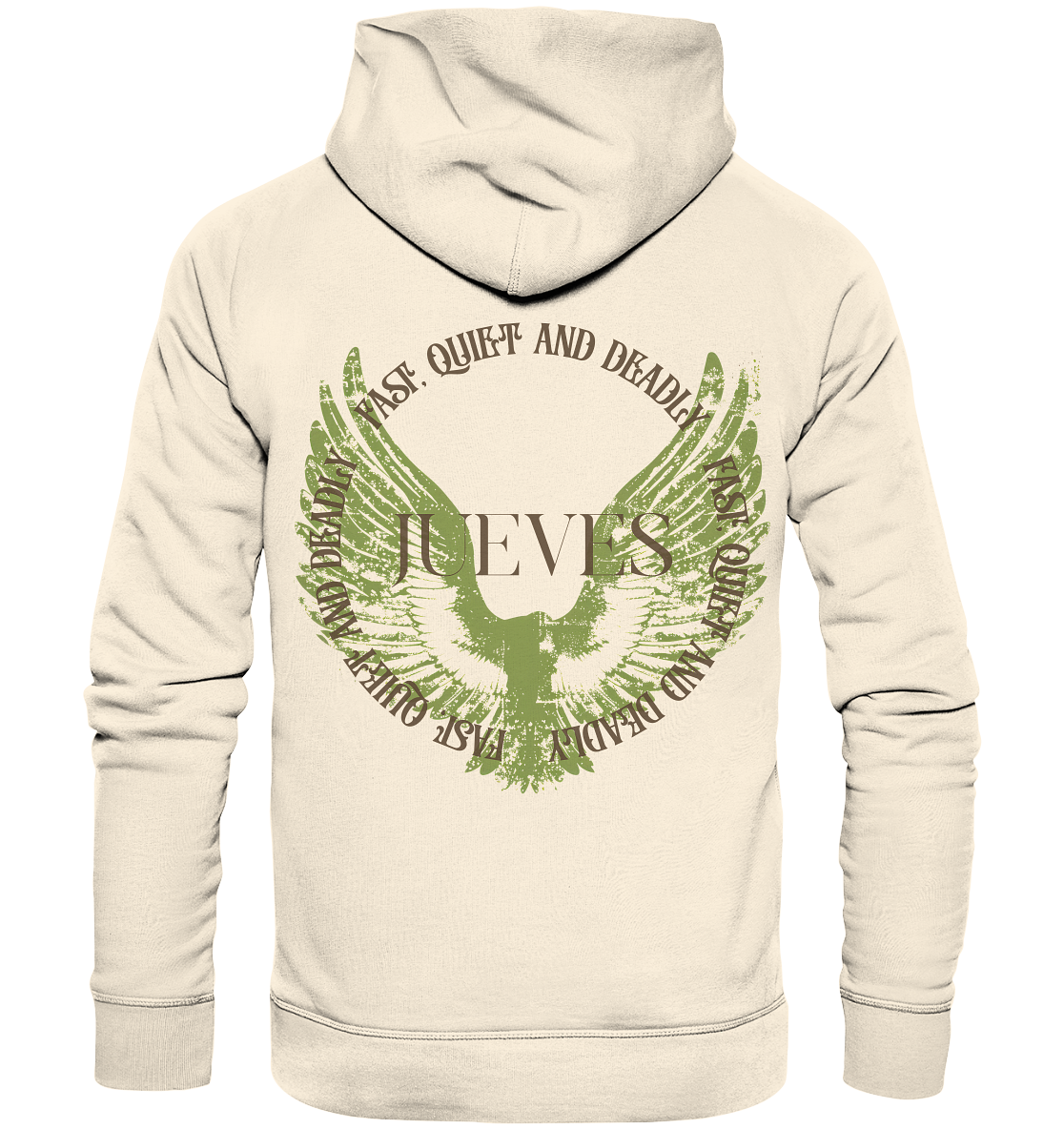 beiger Jueves Apparel Classic Hoodie mit markantem Rückendruck – urbaner Streetwear-Style aus Bio-Baumwolle