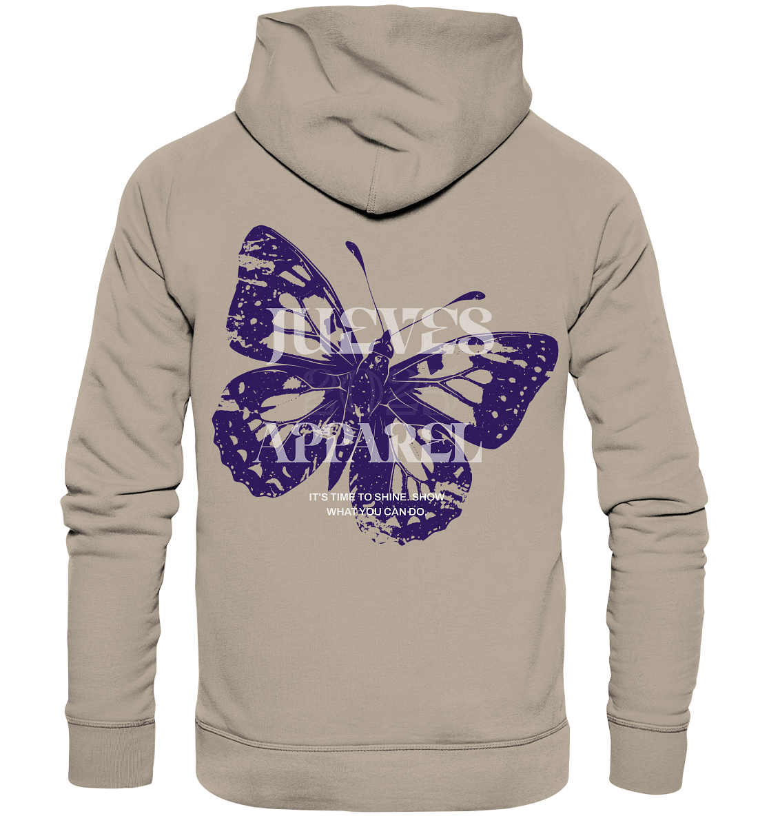 beiger Jueves Apparel Classic Hoodie mit markantem Rückendruck – urbaner Streetwear-Style aus Bio-Baumwolle