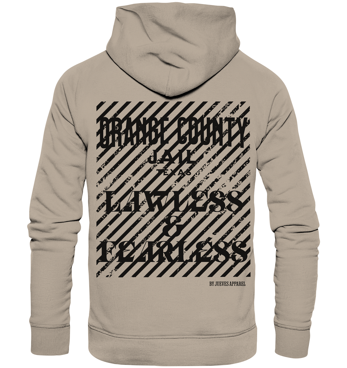 beiger Jueves Apparel Classic Hoodie mit markantem Rückendruck – urbaner Streetwear-Style aus Bio-Baumwolle