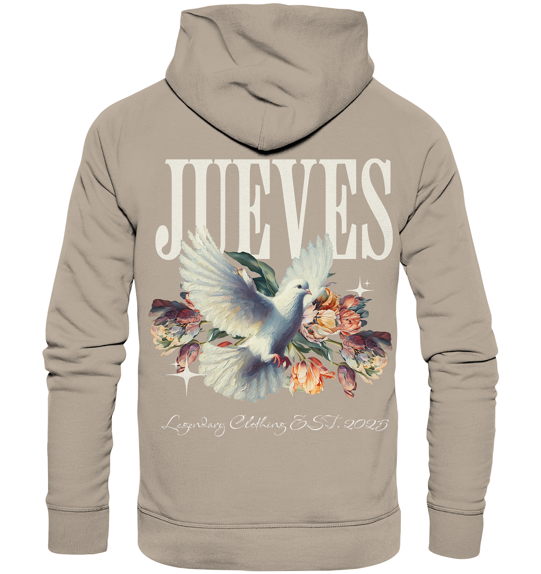 beiger Jueves Apparel Classic Hoodie mit markantem Rückendruck – urbaner Streetwear-Style aus Bio-Baumwolle