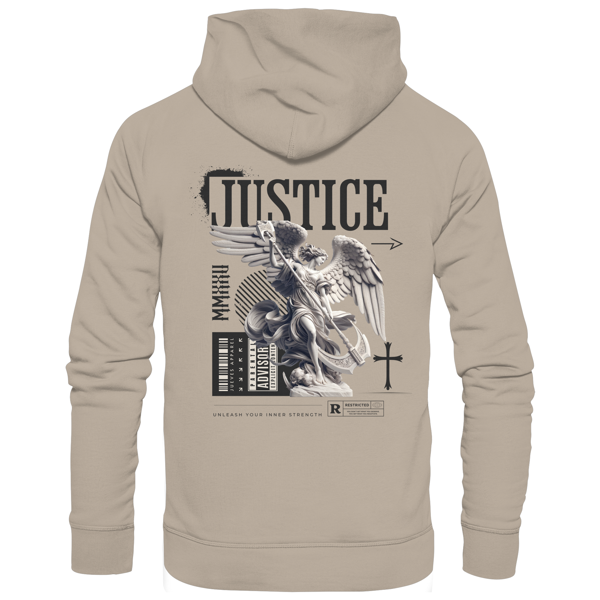 beiger Jueves Apparel Classic Hoodie mit markantem Rückendruck – urbaner Streetwear-Style aus Bio-Baumwolle