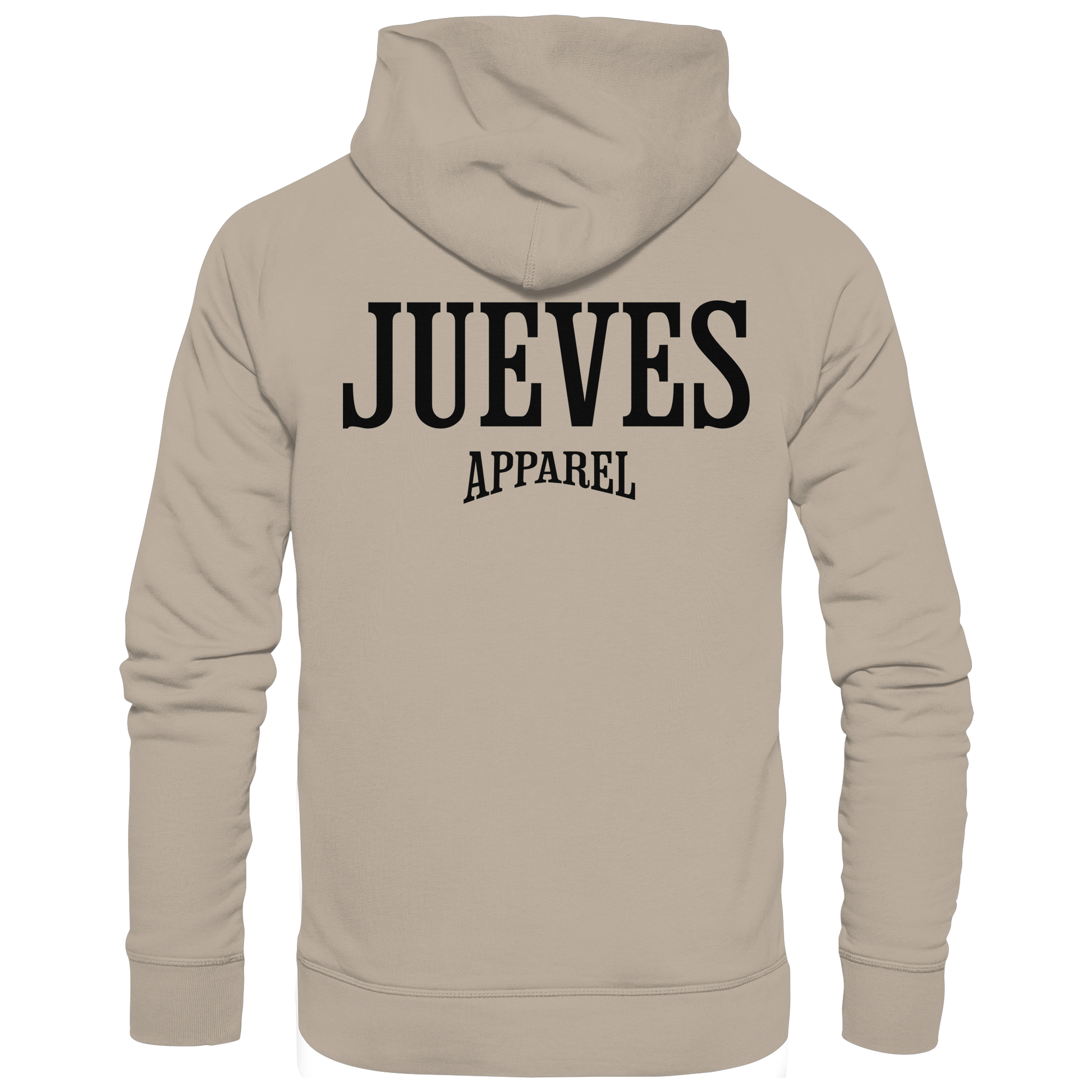 beiger Jueves Apparel Classic Hoodie mit markantem Rückendruck – urbaner Streetwear-Style aus Bio-Baumwolle