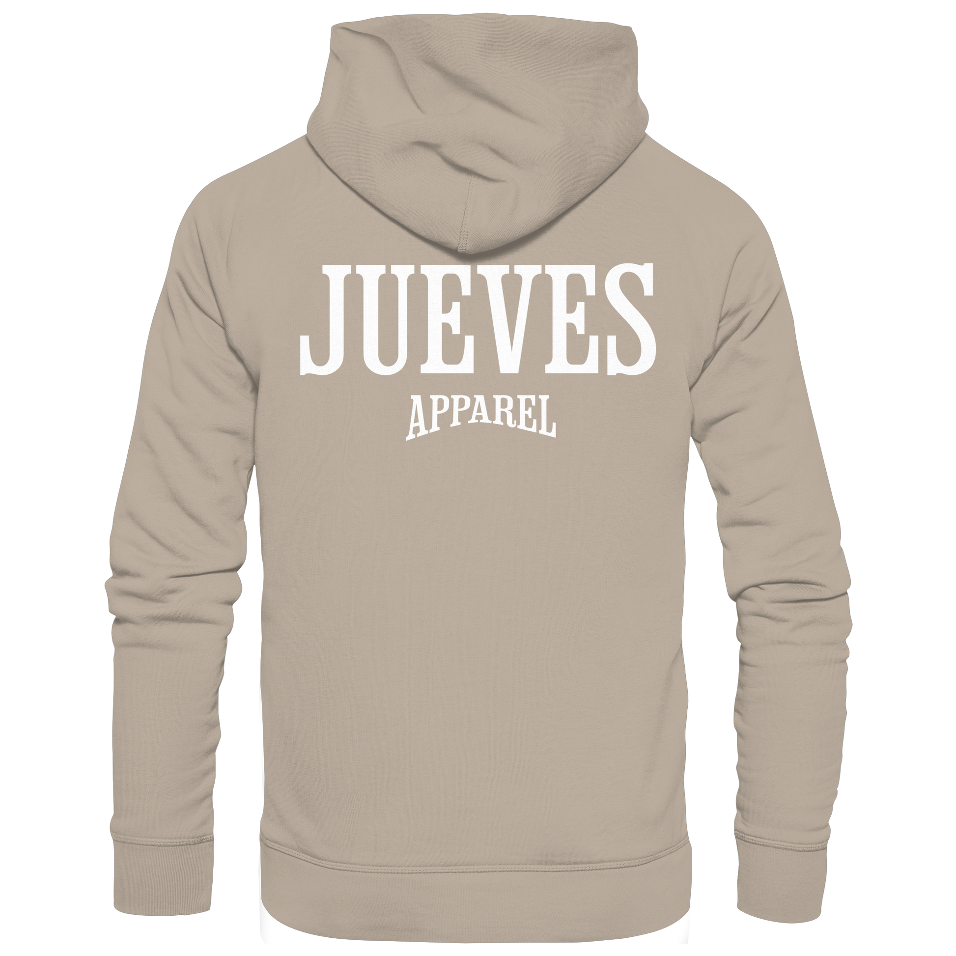 beiger Jueves Apparel Classic Hoodie mit markantem Rückendruck – urbaner Streetwear-Style aus Bio-Baumwolle