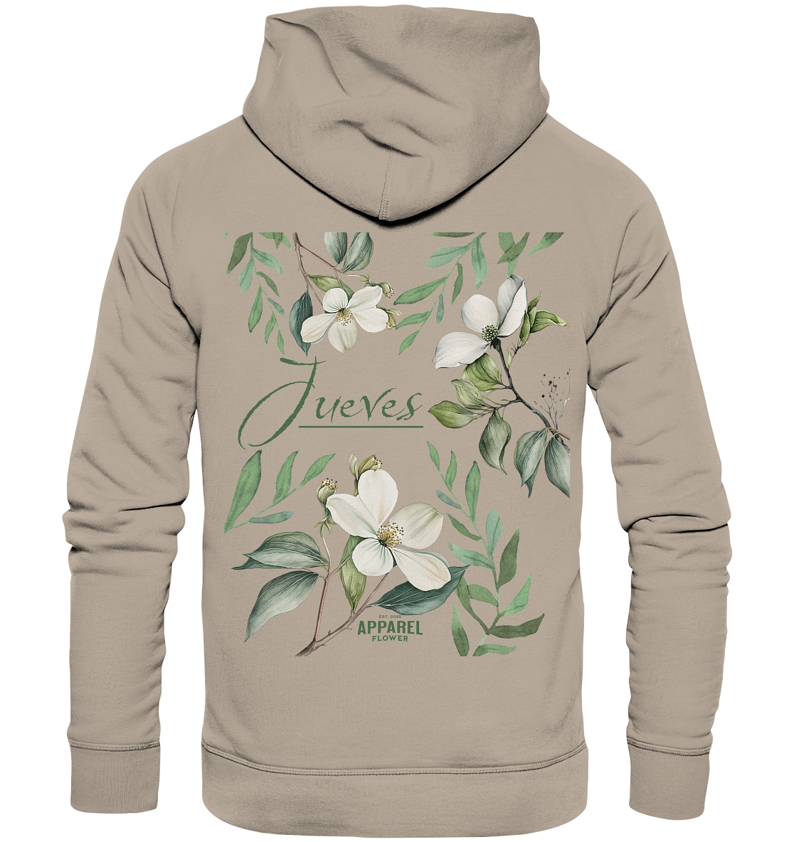 beiger Jueves Apparel Classic Hoodie mit markantem Rückendruck – urbaner Streetwear-Style aus Bio-Baumwolle