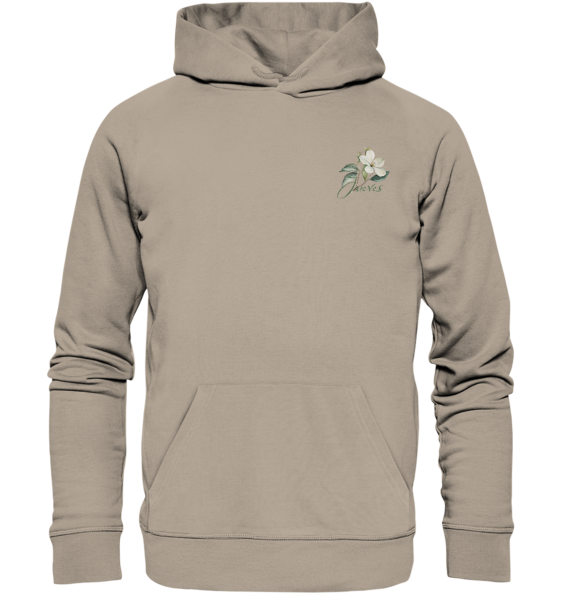 beiger Classic Hoodie von Jueves Apparel mit kleinem Brustdruck im klassischen Schnitt – nachhaltiger Streetwear-Look aus 100 % Bio-Baumwolle