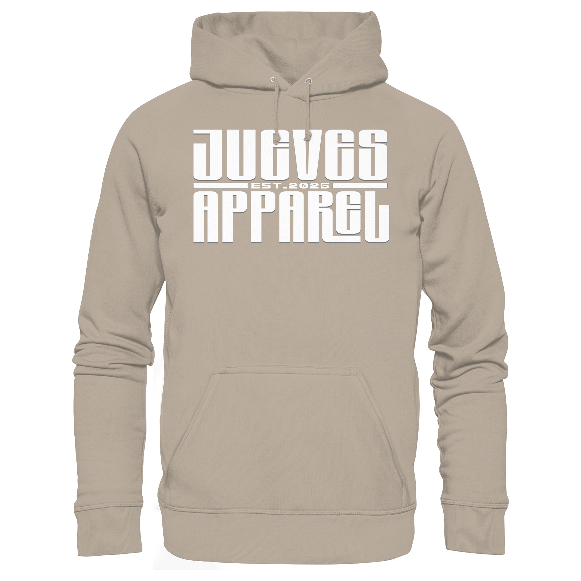 beiger Classic Hoodie von Jueves Apparel mit  Brustdruck im klassischen Schnitt – nachhaltiger Streetwear-Look aus 100 % Bio-Baumwolle