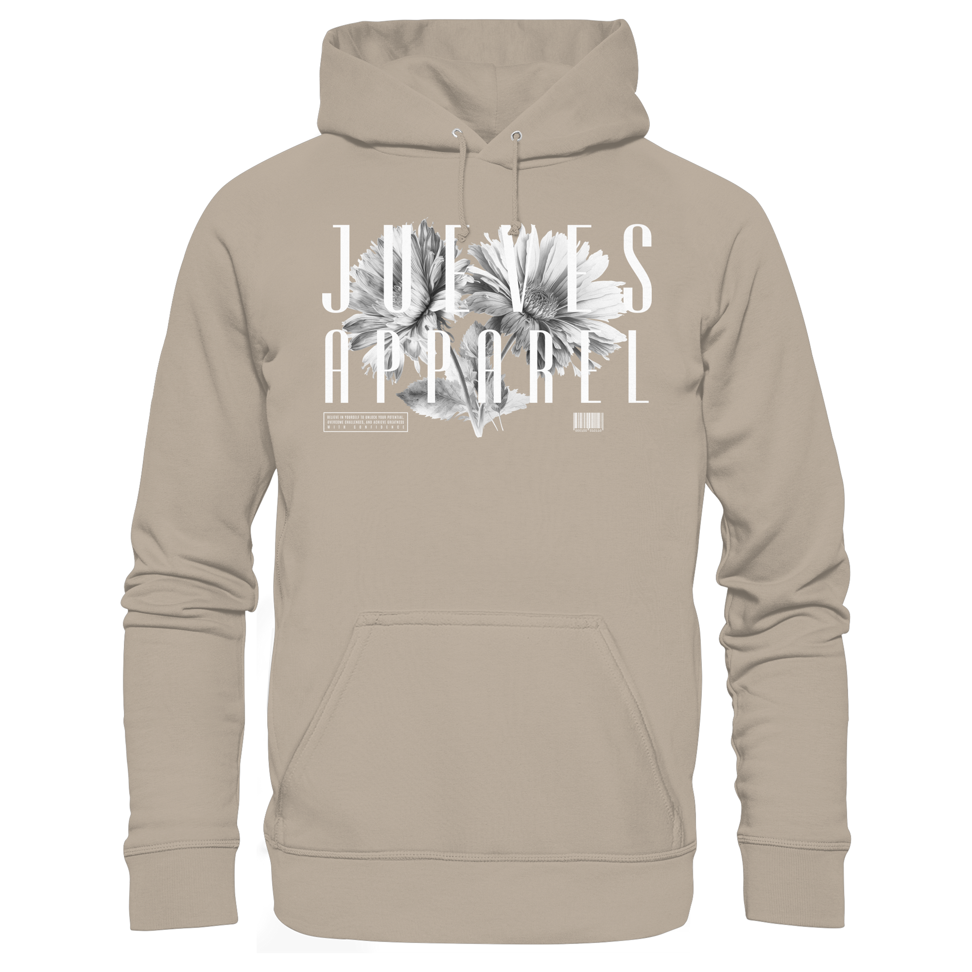 beiger Classic Hoodie von Jueves Apparel mit  Brustdruck im klassischen Schnitt – nachhaltiger Streetwear-Look aus 100 % Bio-Baumwolle