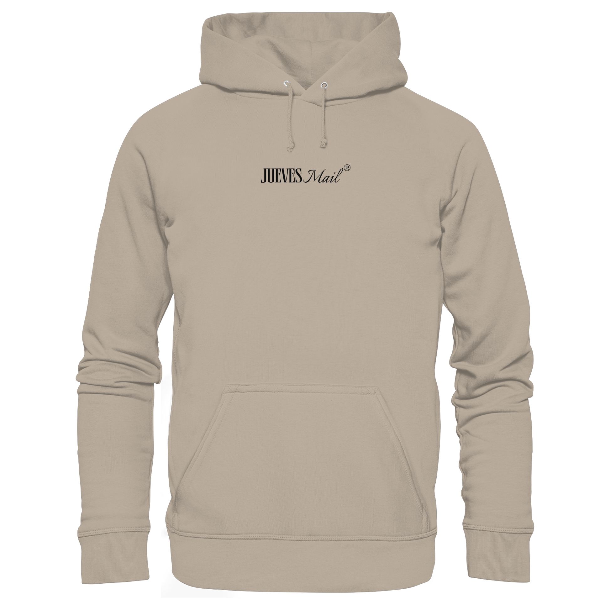 beiger Classic Hoodie von Jueves Apparel mit kleinem Brustdruck im klassischen Schnitt – nachhaltiger Streetwear-Look aus 100 % Bio-Baumwolle