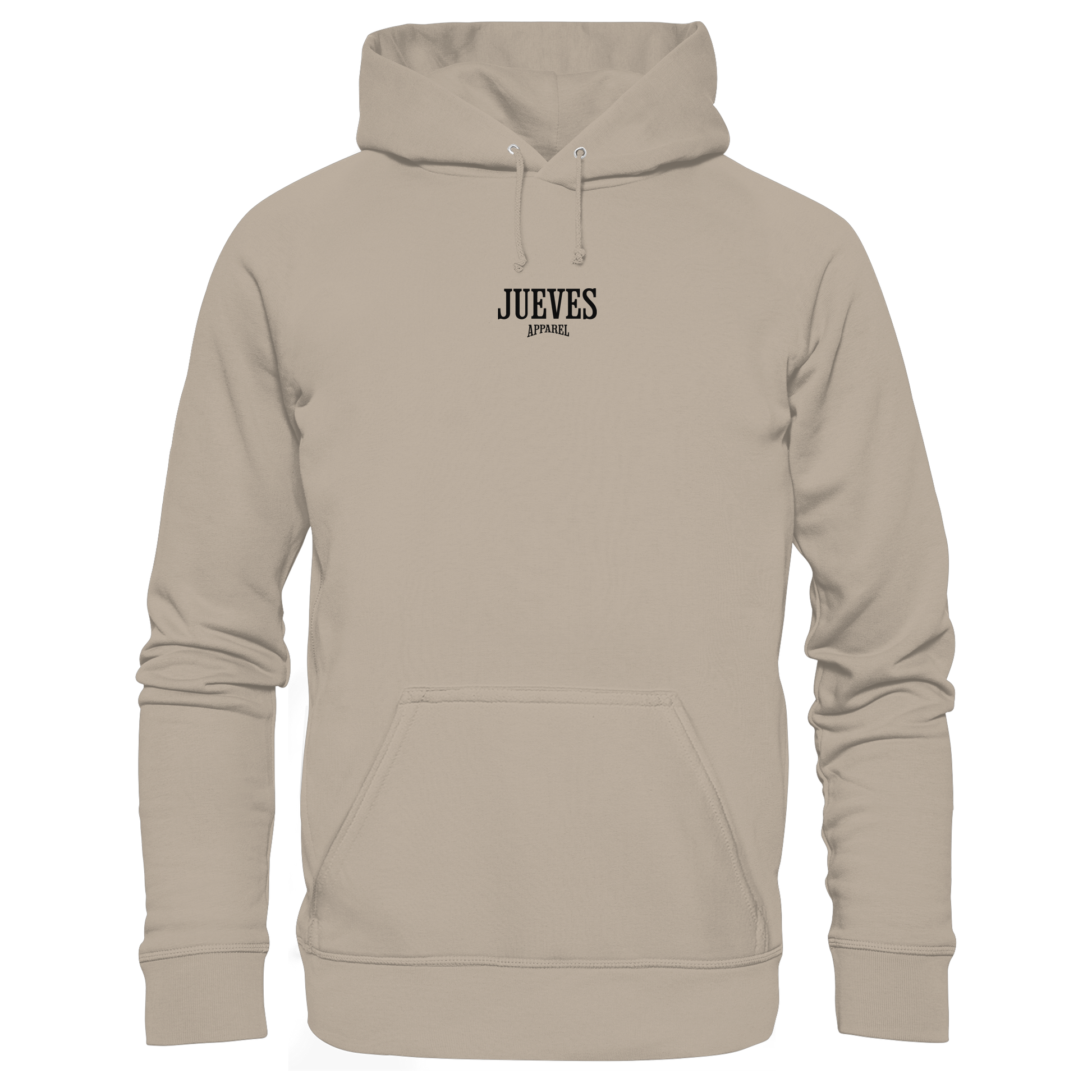 beiger Classic Hoodie von Jueves Apparel mit kleinem Brustdruck im klassischen Schnitt – nachhaltiger Streetwear-Look aus 100 % Bio-Baumwolle