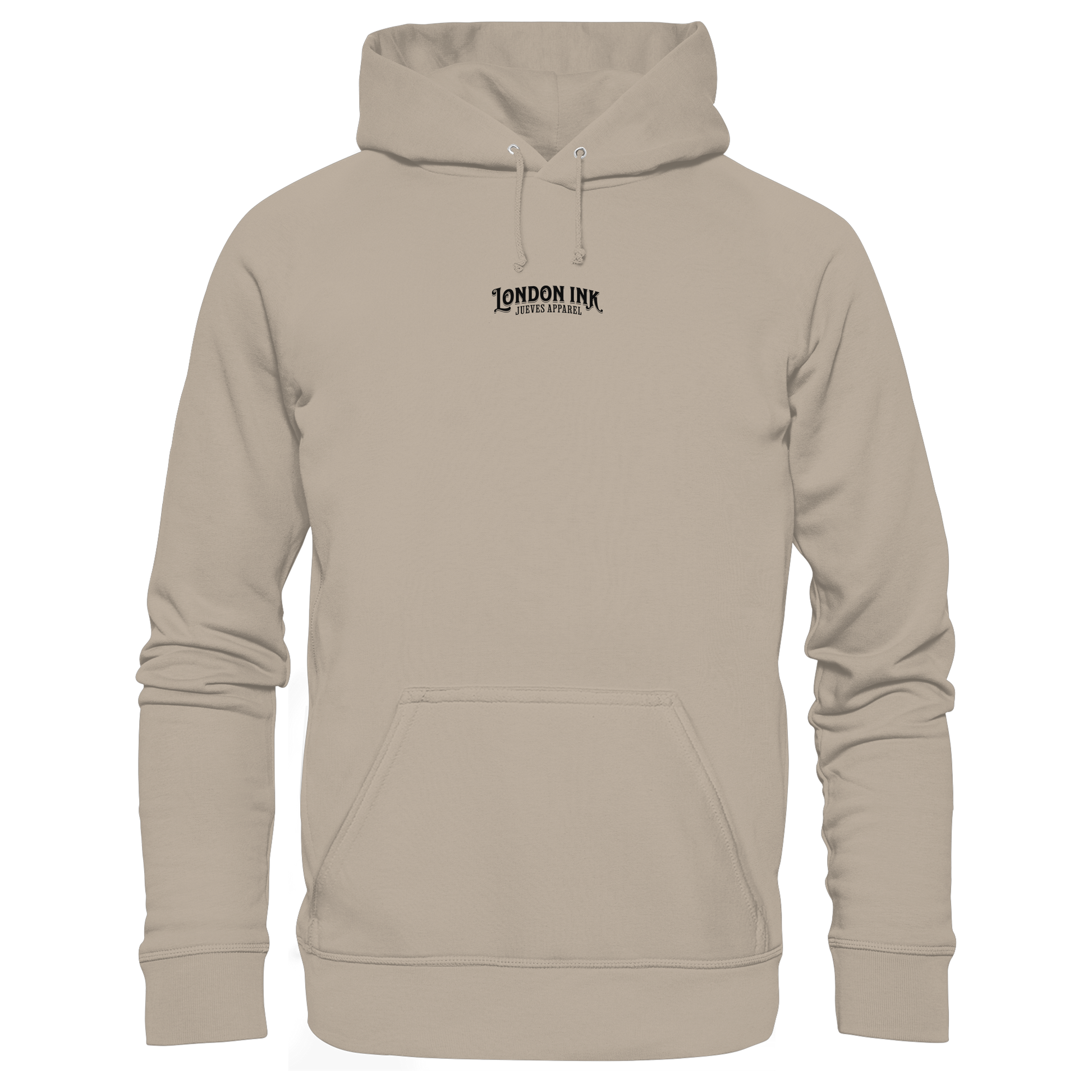 Frontansicht des beigen klassischen Hoodies von Jueves Apparel mit klassischem Schnitt, Druck auf der Brust– Streetwear aus 100 % Bio-Baumwolle, 350 g/m² Stoffgewicht.