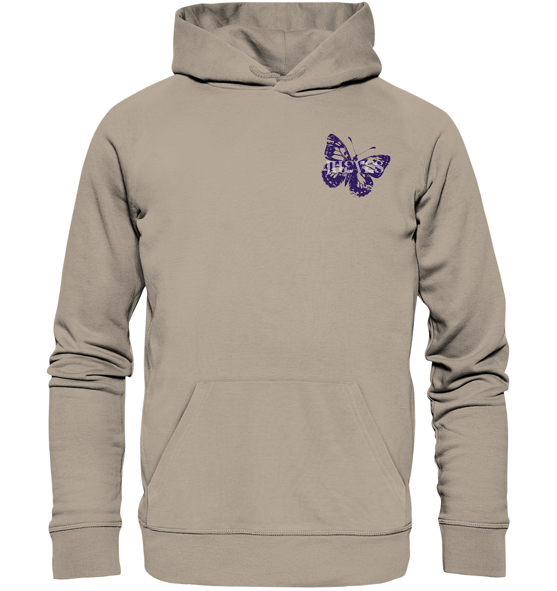 beiger Classic Hoodie von Jueves Apparel mit kleinem Brustdruck im klassischen Schnitt – nachhaltiger Streetwear-Look aus 100 % Bio-Baumwolle