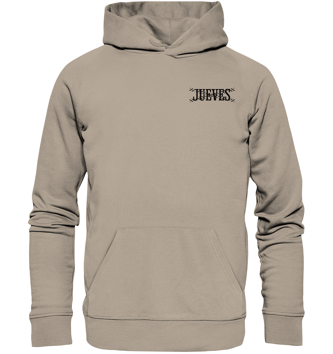 beiger Classic Hoodie von Jueves Apparel mit kleinem Brustdruck im klassischen Schnitt – nachhaltiger Streetwear-Look aus 100 % Bio-Baumwolle