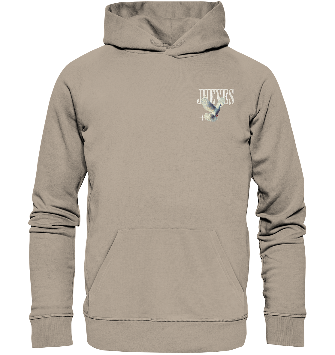 beiger Classic Hoodie von Jueves Apparel mit kleinem Brustdruck im klassischen Schnitt – nachhaltiger Streetwear-Look aus 100 % Bio-Baumwolle