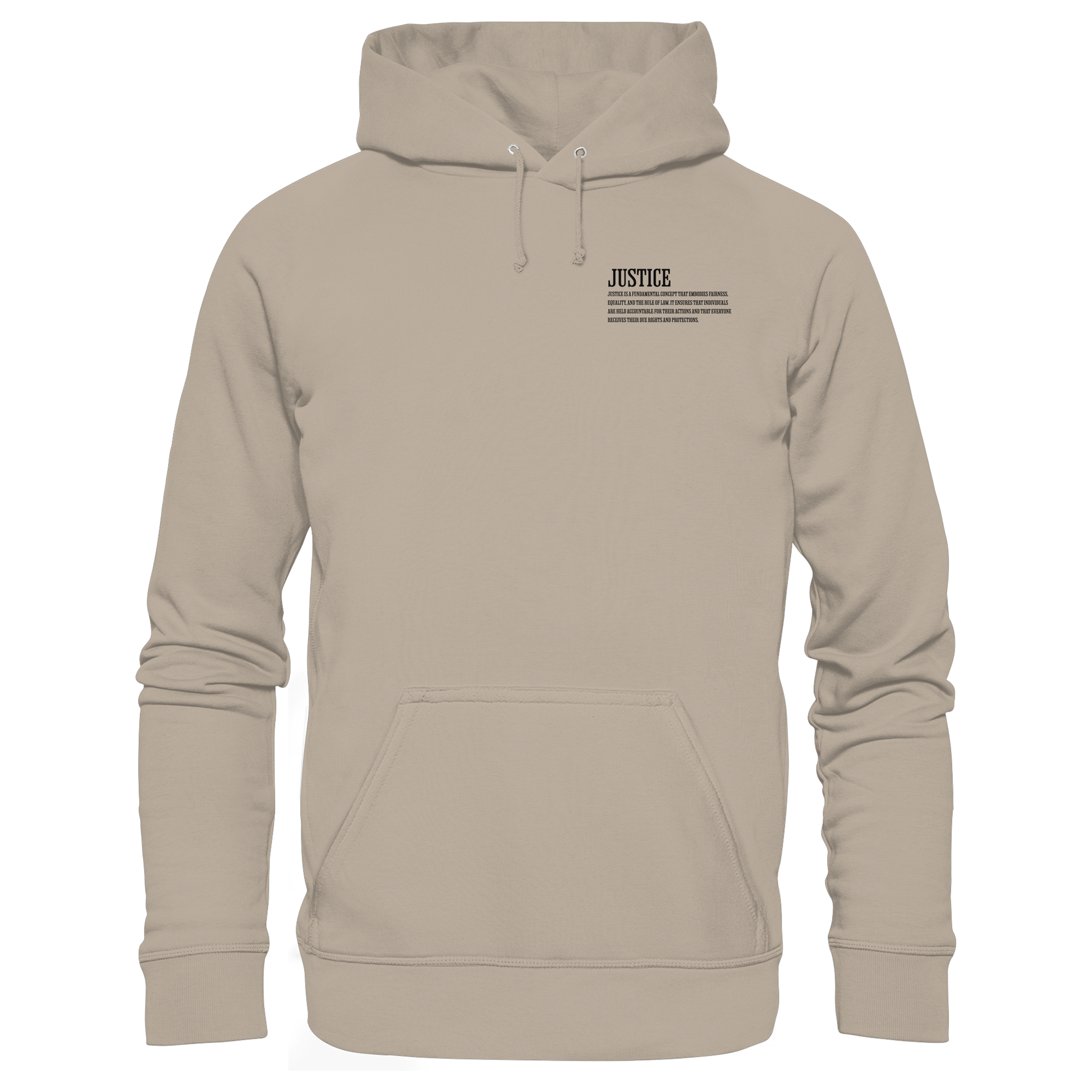 beiger Classic Hoodie von Jueves Apparel mit kleinem Brustdruck im klassischen Schnitt – nachhaltiger Streetwear-Look aus 100 % Bio-Baumwolle