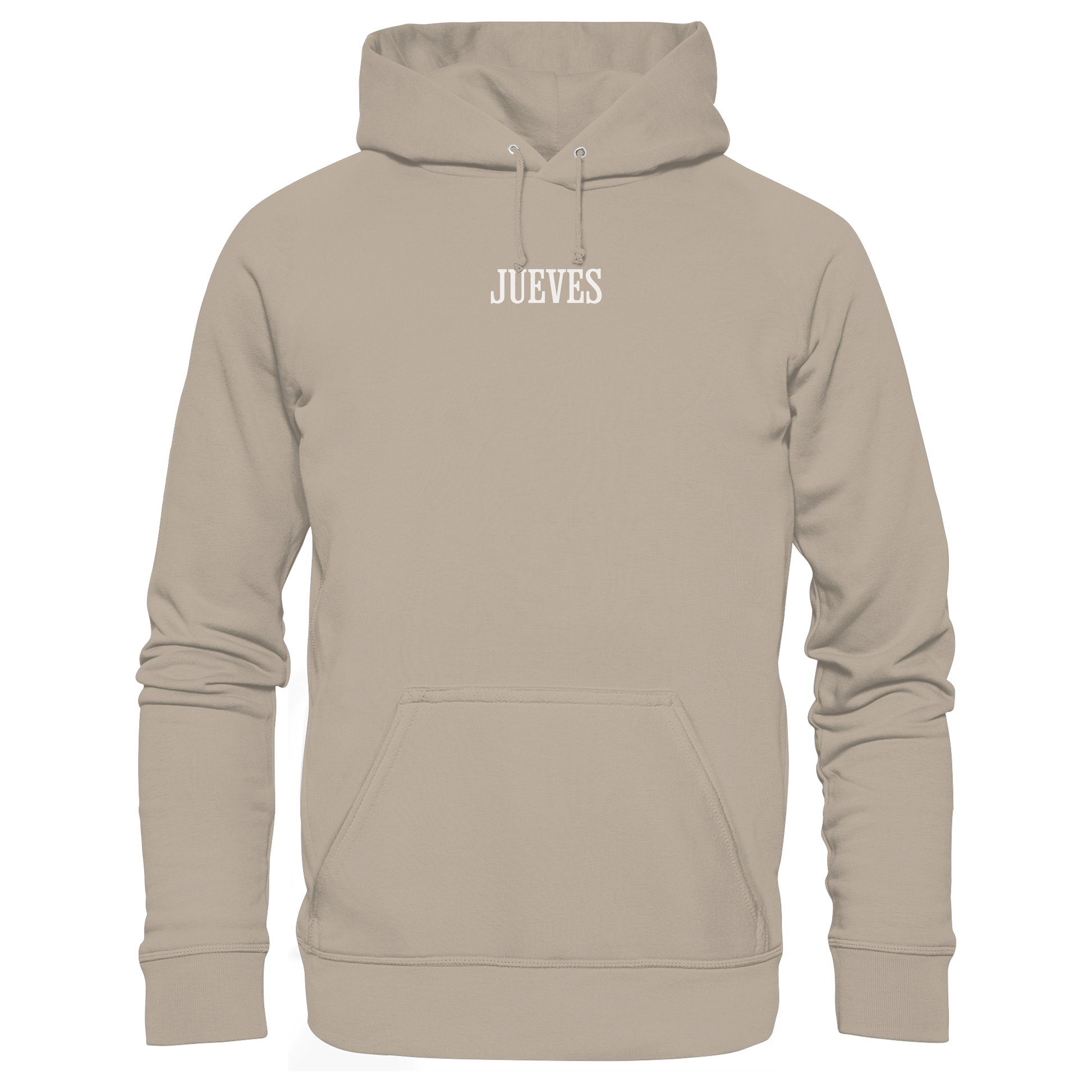 Beiger Classic Hoodie von Jueves Apparel mit kleinem Brustdruck im klassischen Schnitt – nachhaltiger Streetwear-Look aus 100 % Bio-Baumwolle