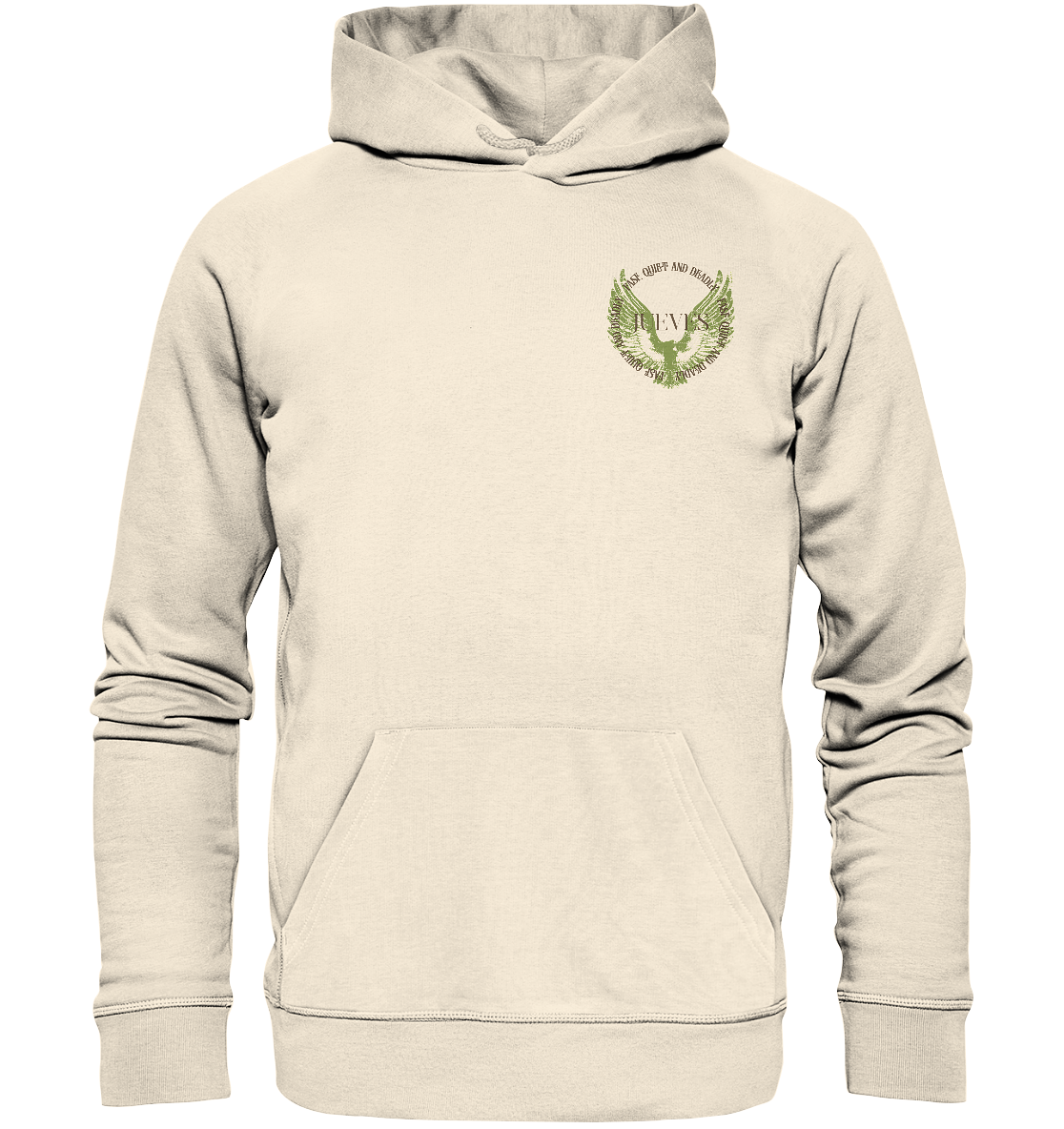 beiger Classic Hoodie von Jueves Apparel mit kleinem Brustdruck im klassischen Schnitt – nachhaltiger Streetwear-Look aus 100 % Bio-Baumwolle