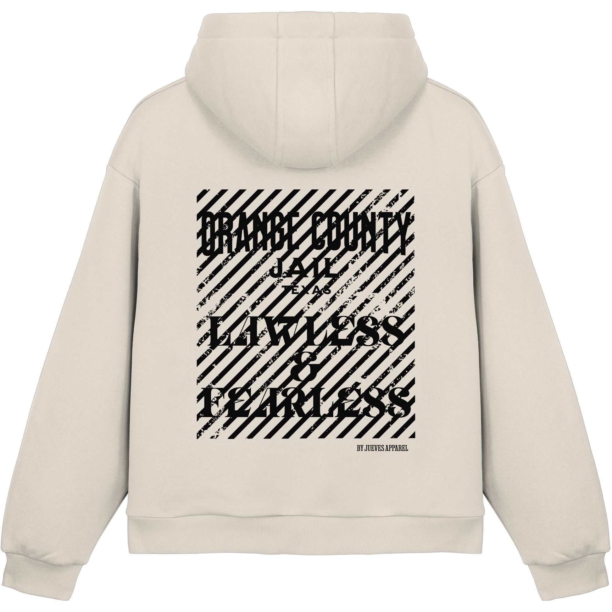 beiger Jueves Apparel Oversized Boxcut Hoodie mit markantem Rückendruck – urbaner Streetwear-Style aus Baumwolle