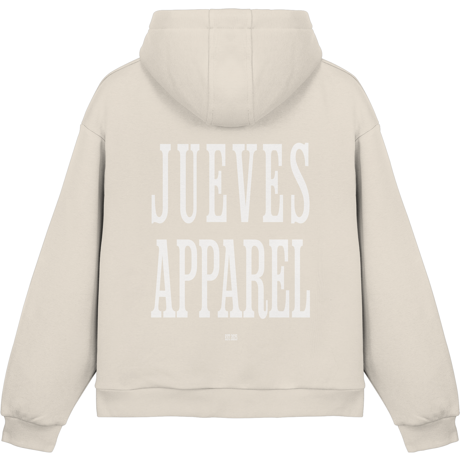 beiger Jueves Apparel Oversized Boxcut Hoodie mit markantem Rückendruck – urbaner Streetwear-Style aus Baumwolle