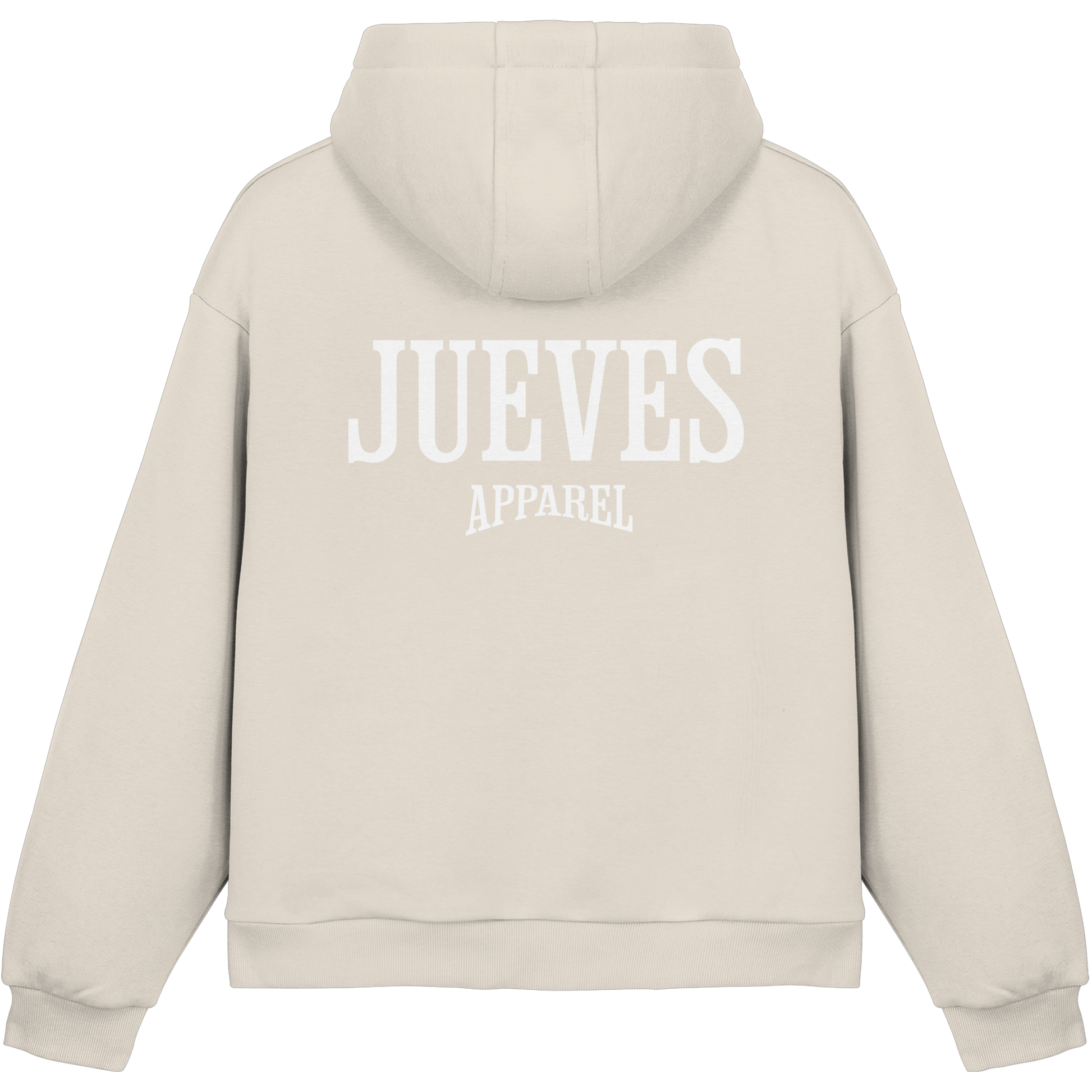 beiger Jueves Apparel Oversized Boxcut Hoodie mit markantem Rückendruck – urbaner Streetwear-Style aus Baumwolle