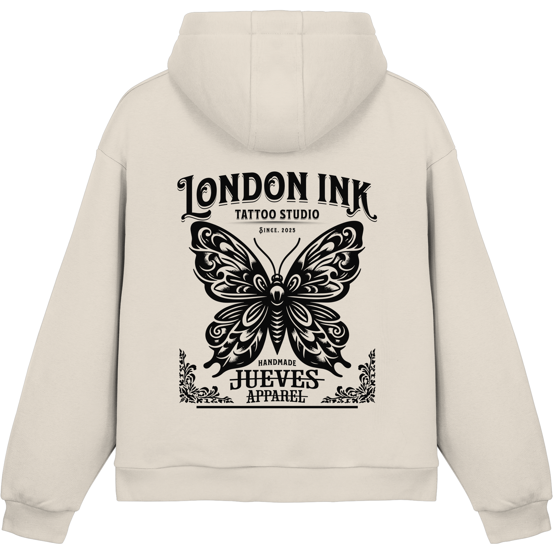 beige Jueves Apparel Oversized Boxcut Hoodie mit markantem Rückendruck – urbaner Streetwear-Style aus Baumwolle
