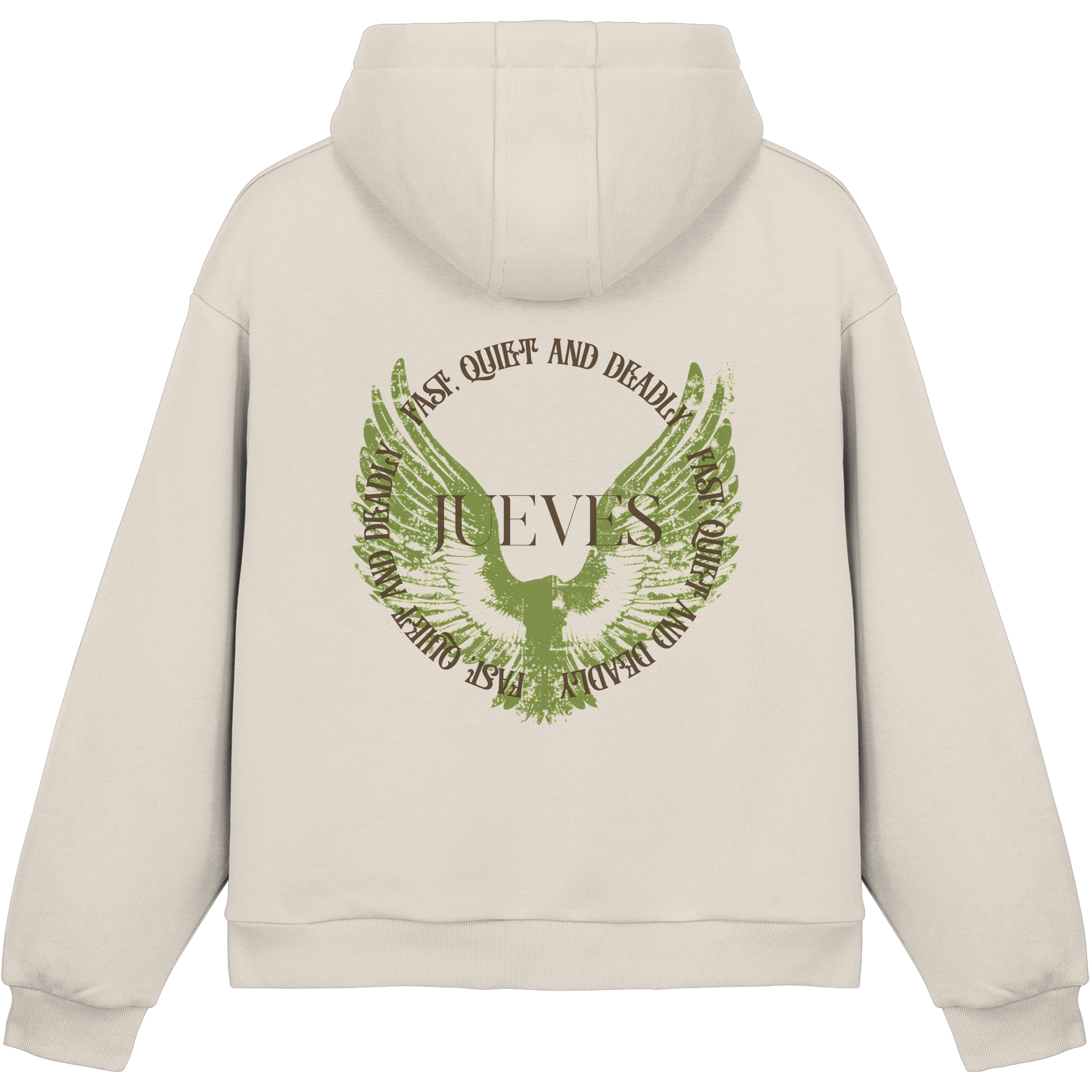 beiger Jueves Apparel Oversized Boxcut Hoodie mit markantem Rückendruck – urbaner Streetwear-Style aus Baumwolle