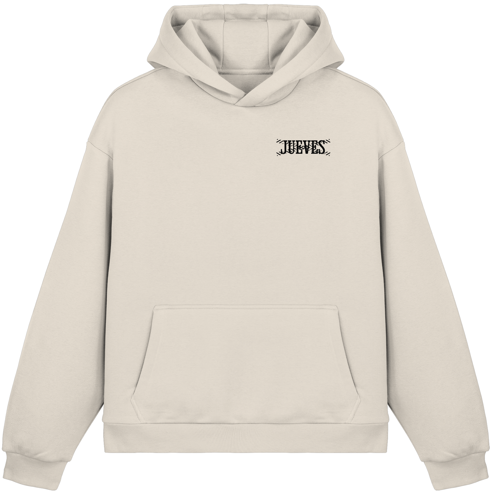 beiger Oversized Boxcut Hoodie von Jueves Apparel mit Brustdruck – nachhaltige Streetwear aus 70% Baumwolle
