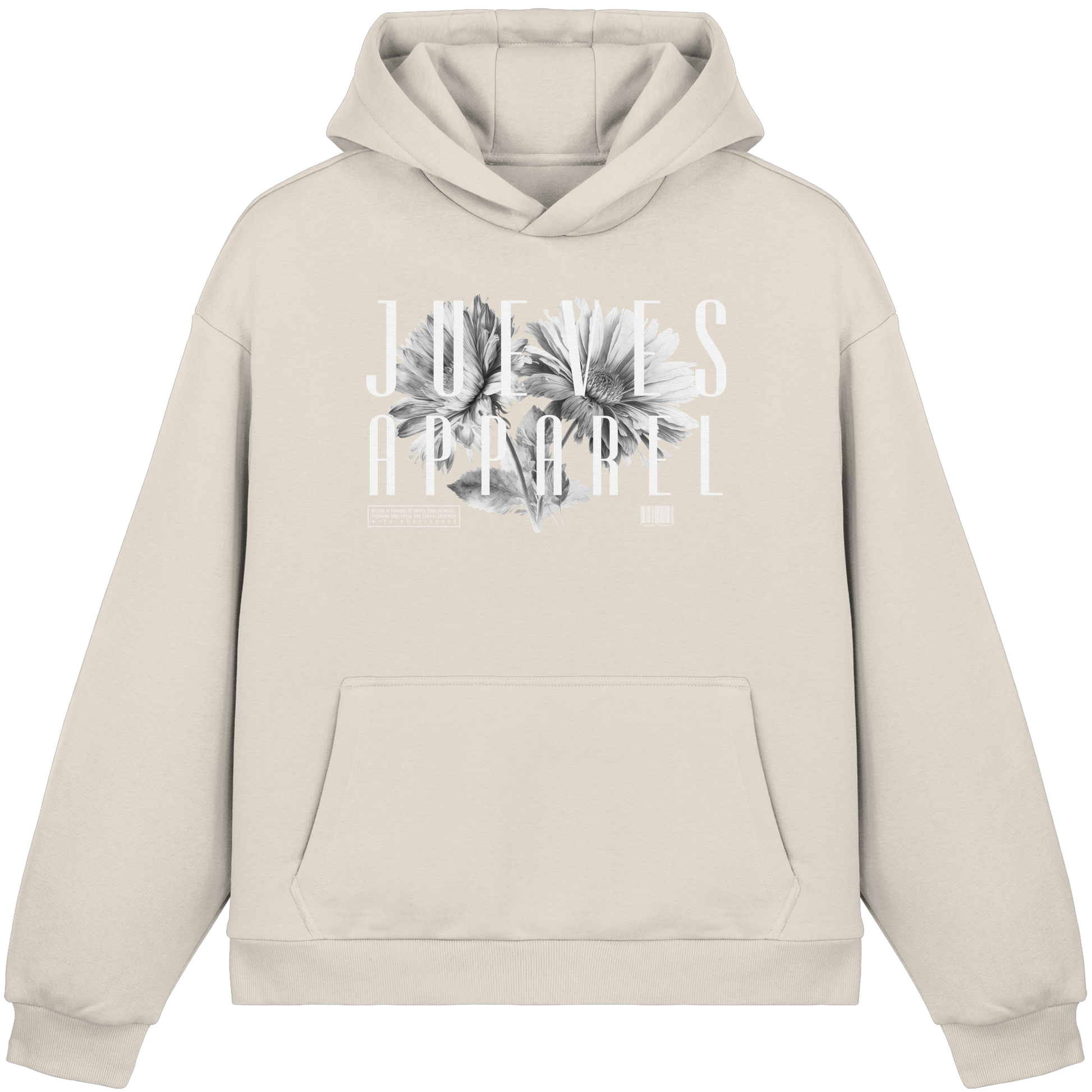beiger Oversized Boxcut Hoodie von Jueves Apparel mit Brustdruck – nachhaltige Streetwear aus 70% Baumwolle