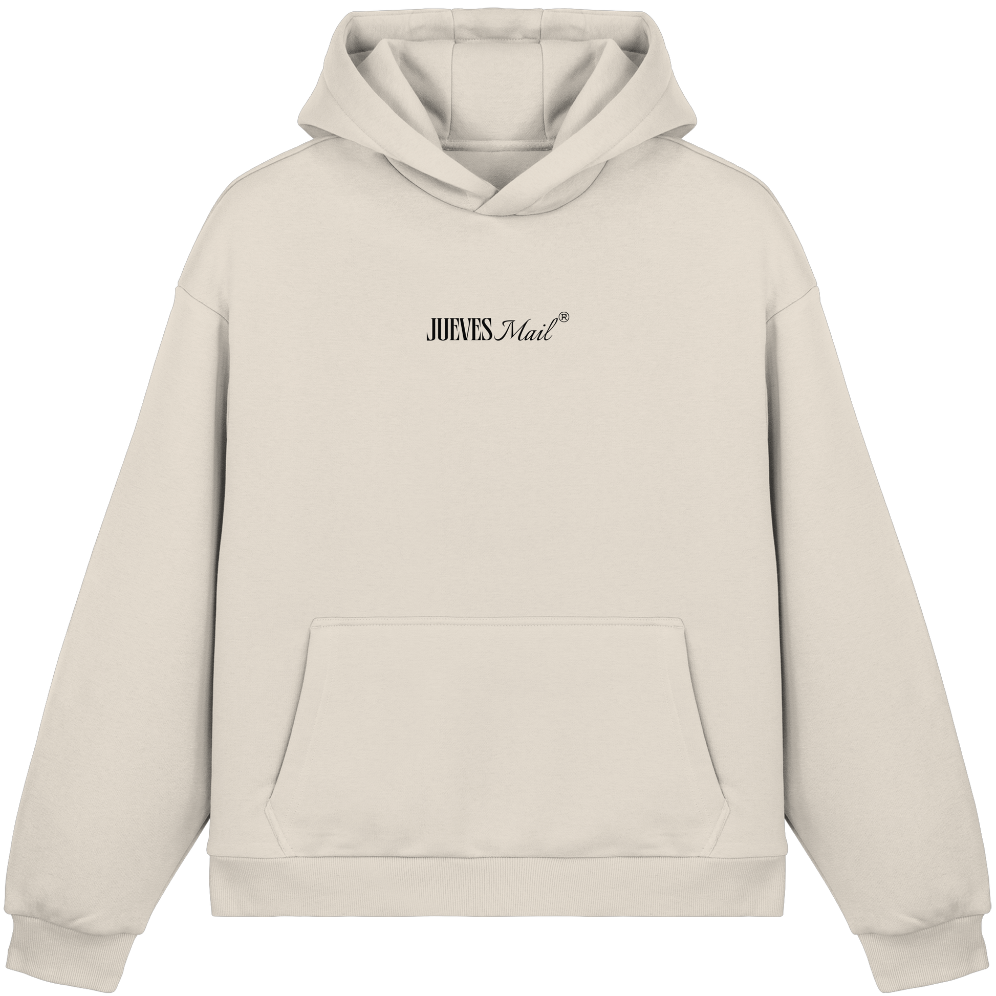 beiger Oversized Boxcut Hoodie von Jueves Apparel mit Brustdruck – nachhaltige Streetwear aus 70% Baumwolle