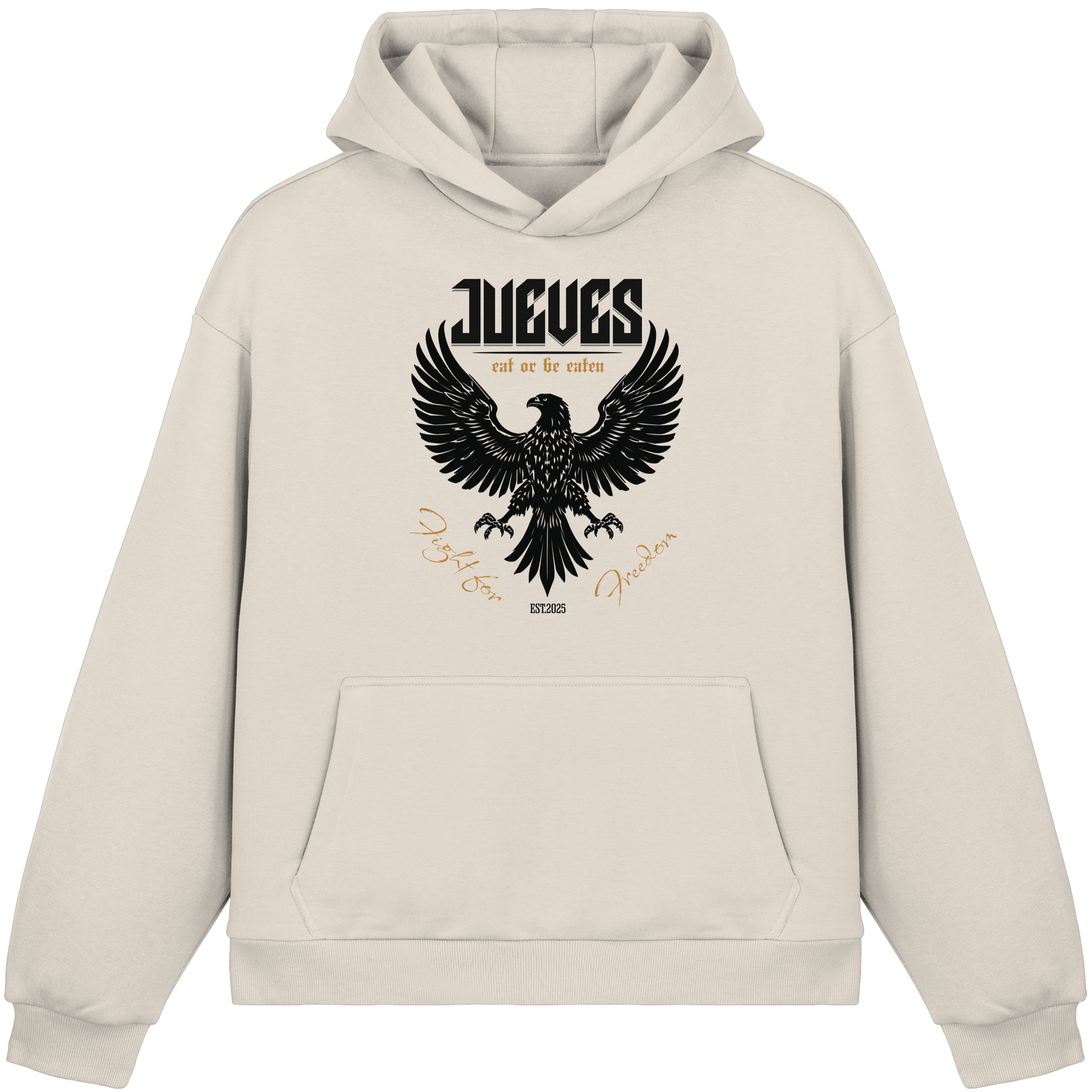 beiger Oversized Boxcut Hoodie von Jueves Apparel mit Brustdruck – nachhaltige Streetwear aus 70% Baumwolle