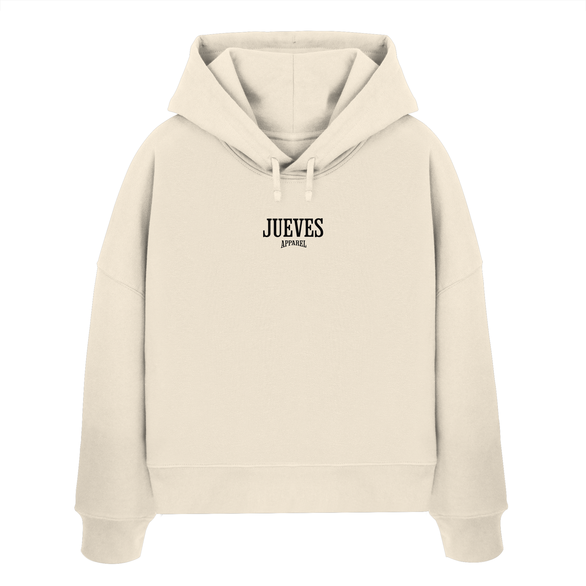 Frontansicht des beigen Damen oversized Boxcut Hoodies von Jueves Apparel mit oversized Schnitt, Druck auf der Brust– Streetwear aus 100 % Bio-Baumwolle, 300 g/m² Stoffgewicht.