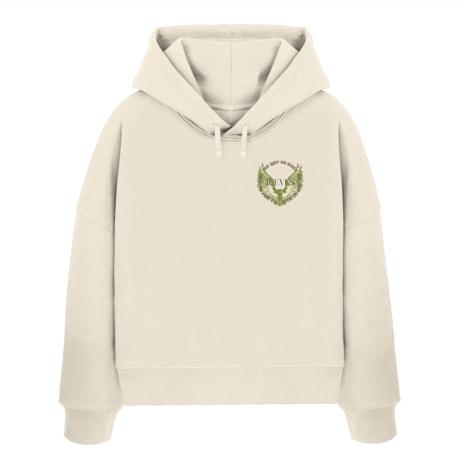 Frontansicht des beigen Damen oversized Boxcut Hoodies von Jueves Apparel mit oversized Schnitt, Druck auf der Brust– Streetwear aus 100 % Bio-Baumwolle, 300 g/m² Stoffgewicht.
