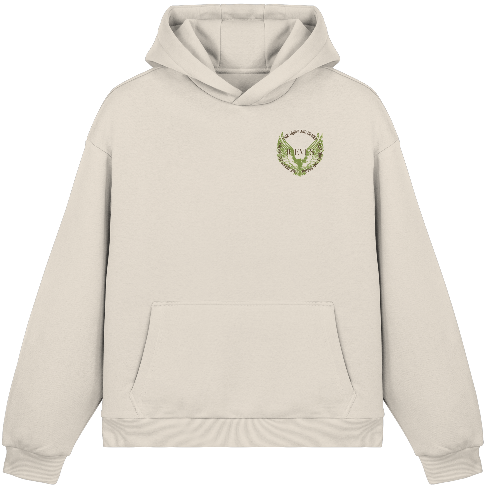beiger Oversized Boxcut Hoodie von Jueves Apparel mit Brustdruck – nachhaltige Streetwear aus 70% Baumwolle