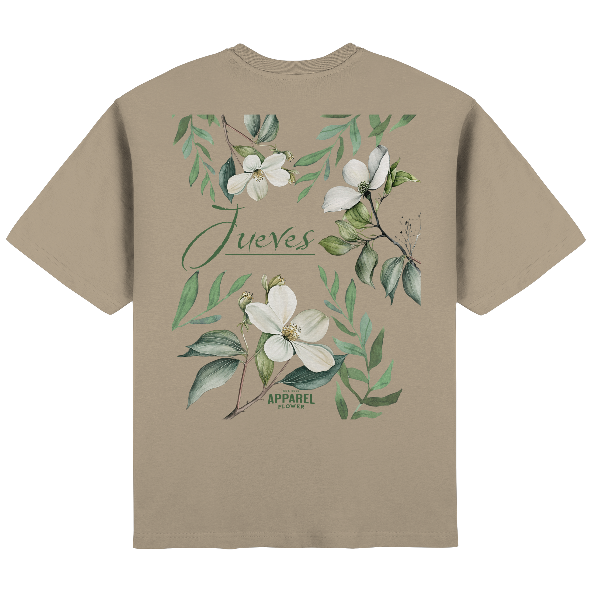 Rückansicht des beige Oversized T-Shirts von Jueves Apparel mit Rückendruck – urbaner Streetwear-Look aus 100 % Baumwolle
