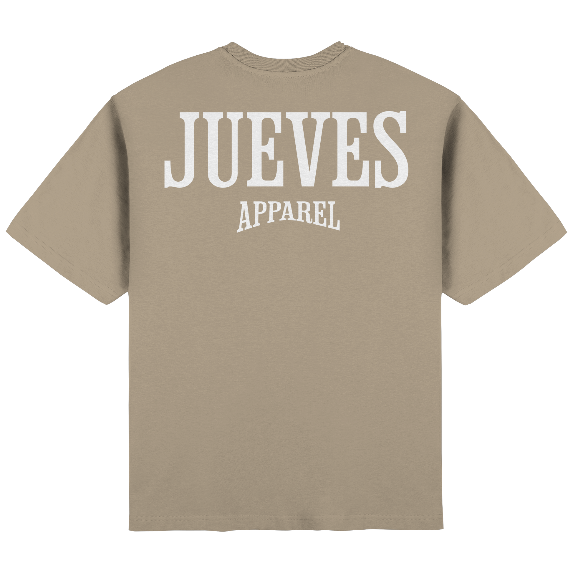 Rückansicht des beigen Oversized T-Shirts von Jueves Apparel mit Rückendruck – urbaner Streetwear-Look aus 100 % Baumwolle