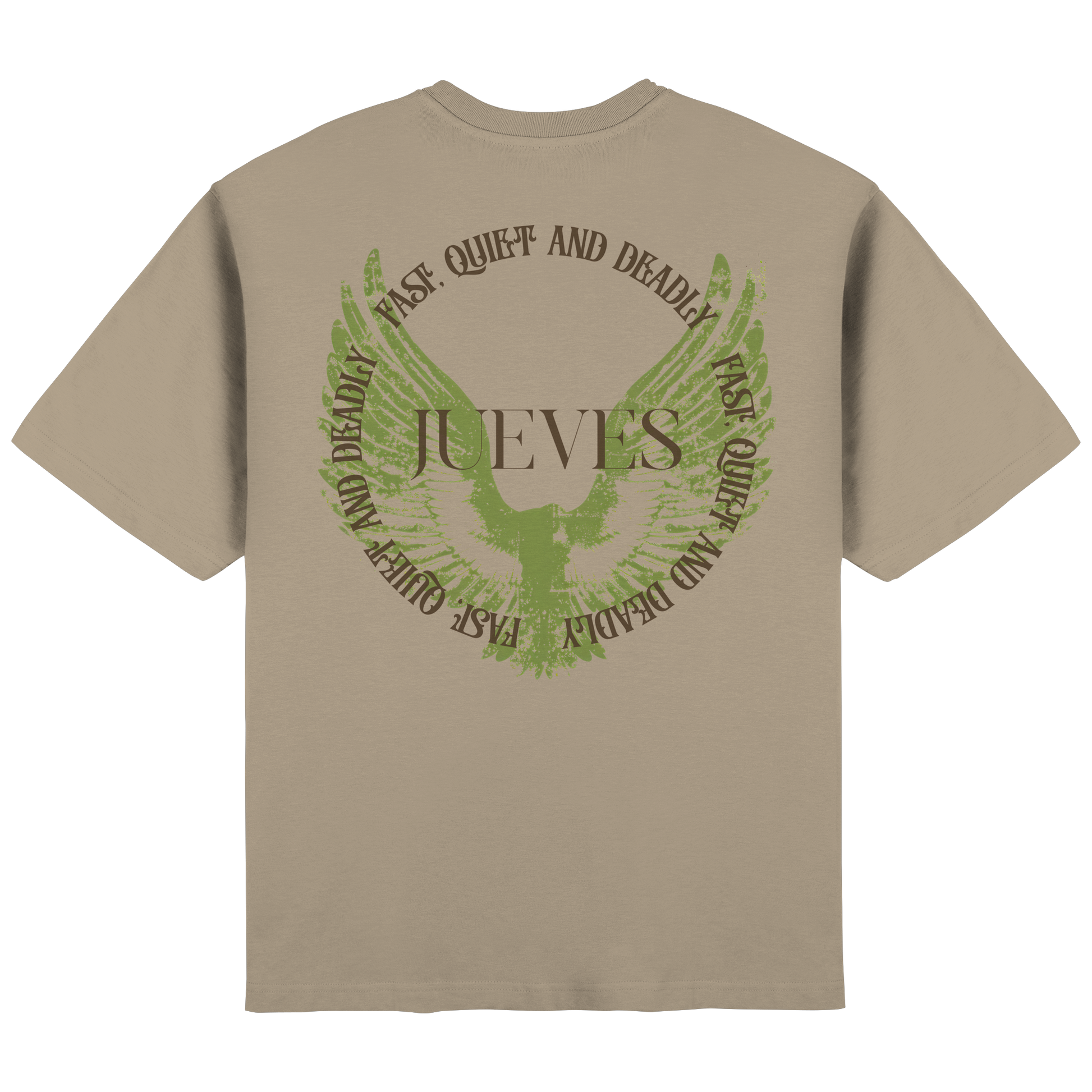 Rückansicht des beige Oversized T-Shirts von Jueves Apparel mit Rückendruck – urbaner Streetwear-Look aus 100 % Baumwolle