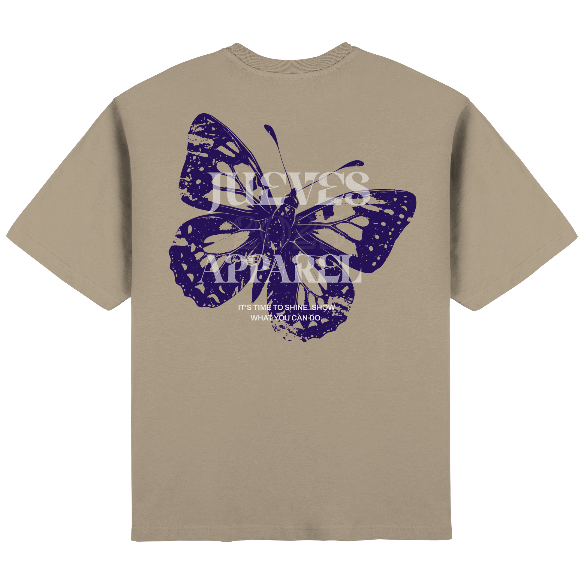 Rückansicht des beigen Oversized T-Shirts von Jueves Apparel mit Rückendruck – urbaner Streetwear-Look aus 100 % Baumwolle