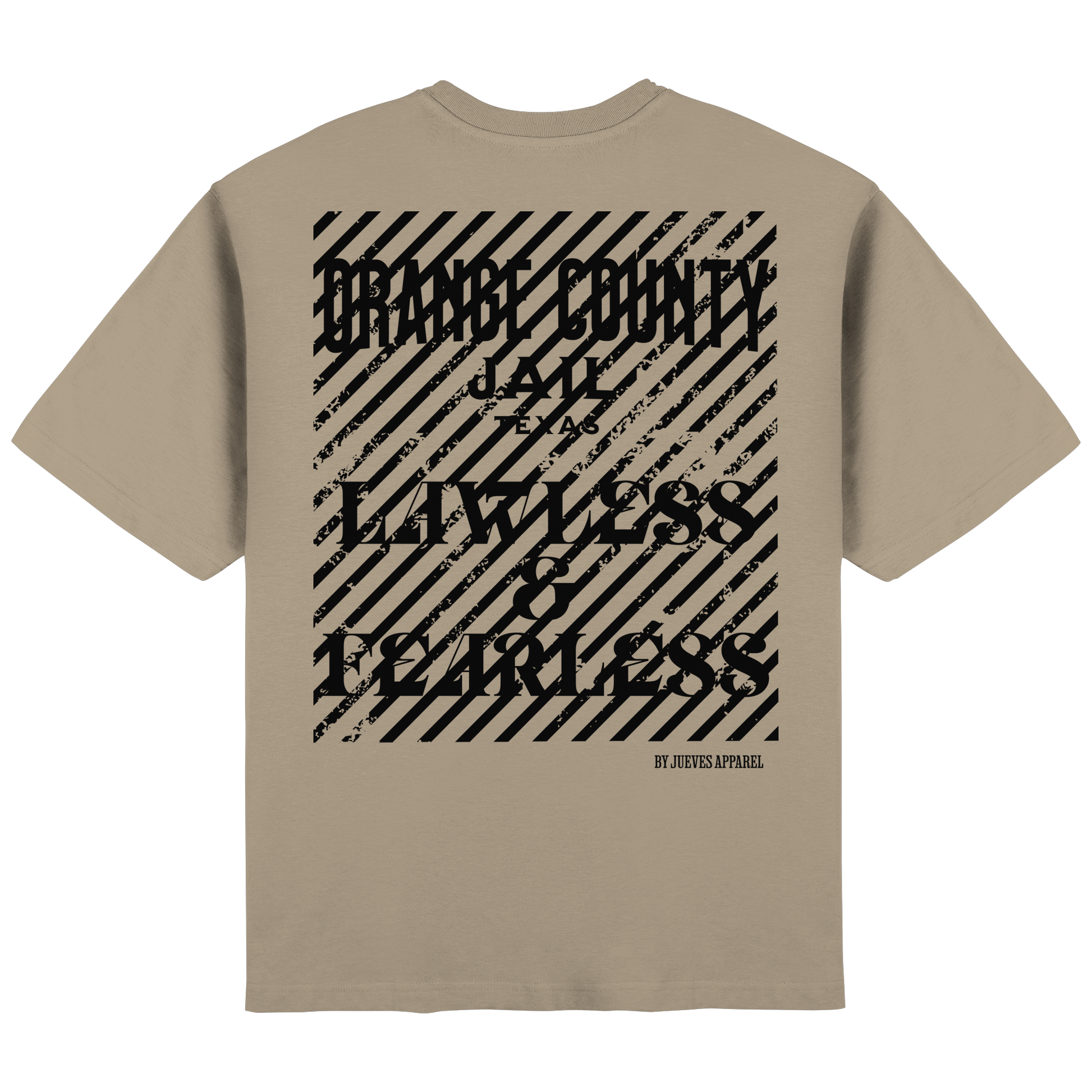 Rückansicht des beige Oversized T-Shirts von Jueves Apparel mit Rückendruck – urbaner Streetwear-Look aus 100 % Baumwolle