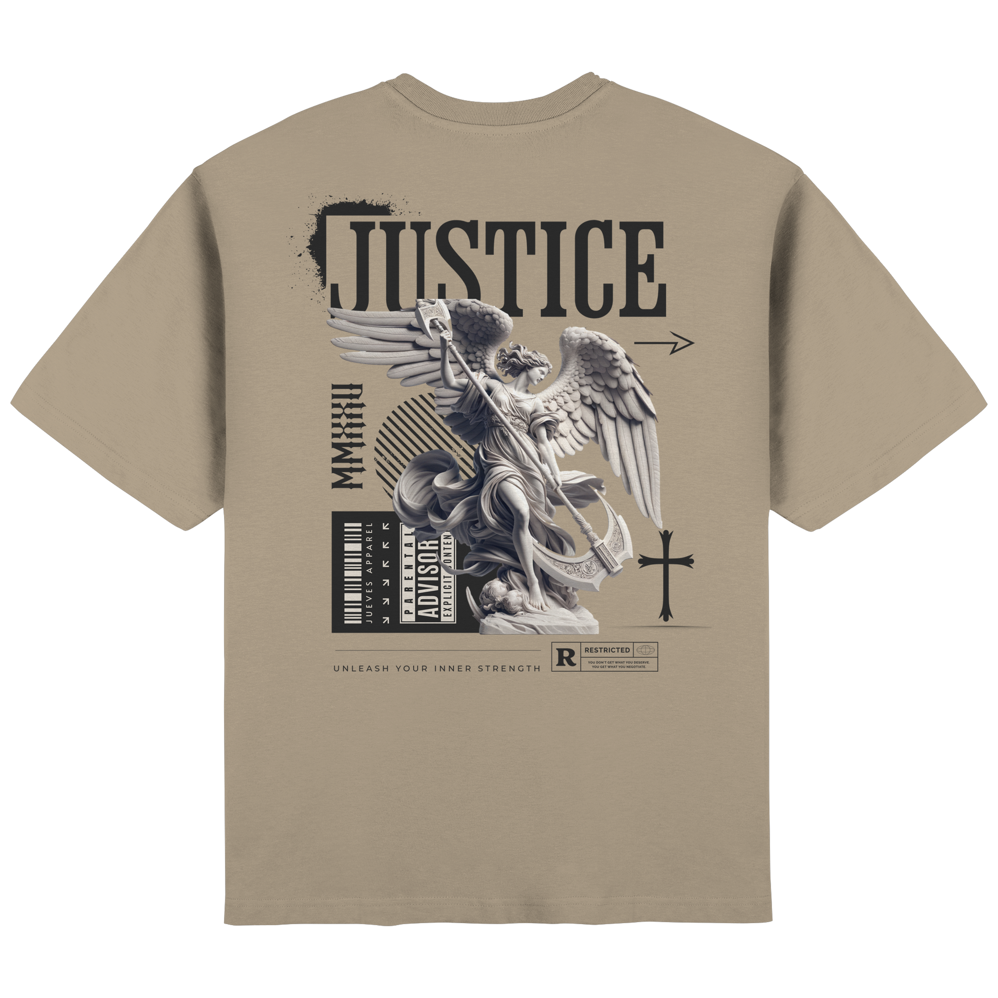 Rückansicht des beige Oversized T-Shirts von Jueves Apparel mit Rückendruck – urbaner Streetwear-Look aus 100 % Baumwolle